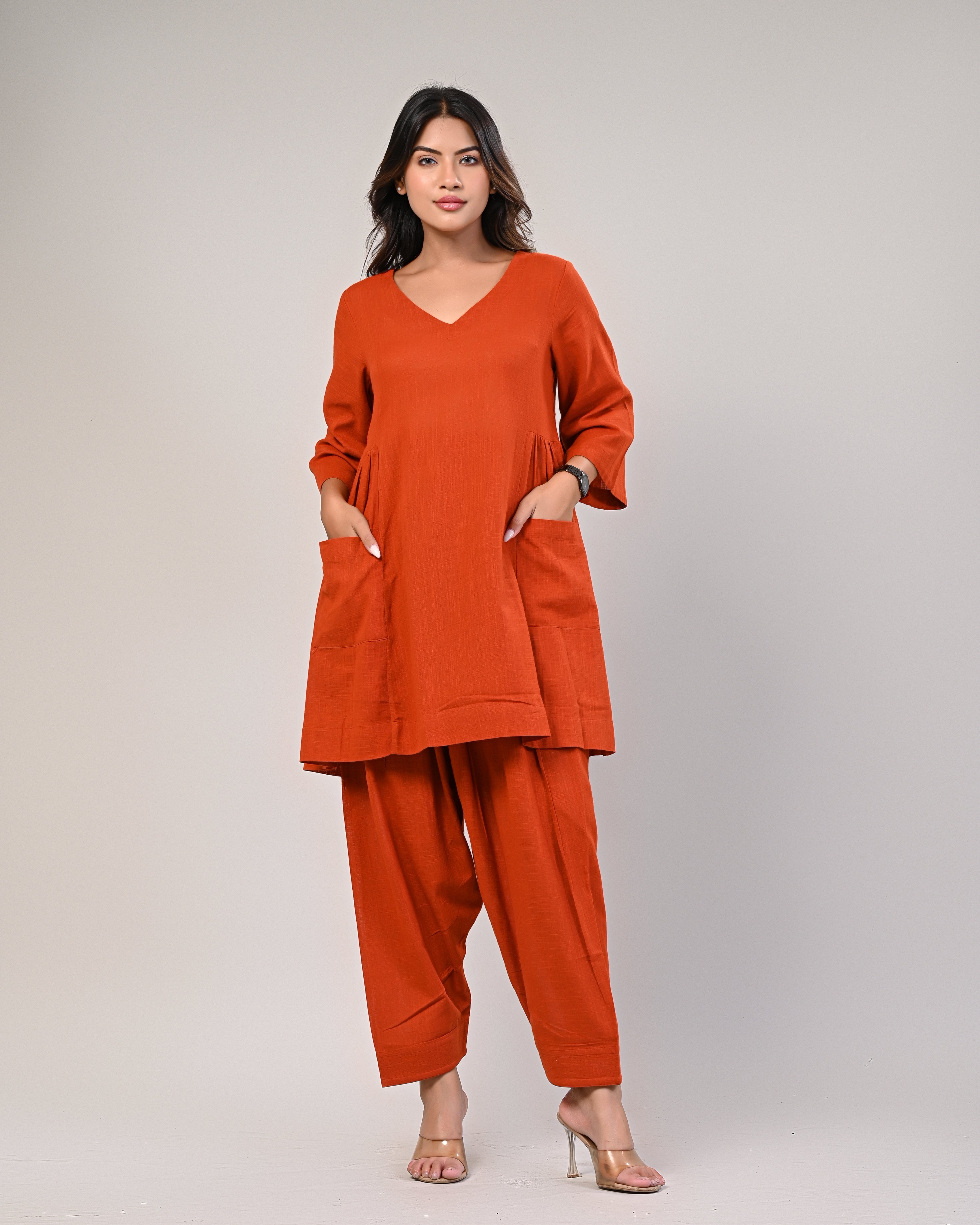 Orange V-neck Pleated Kurta With Afghani Pants
