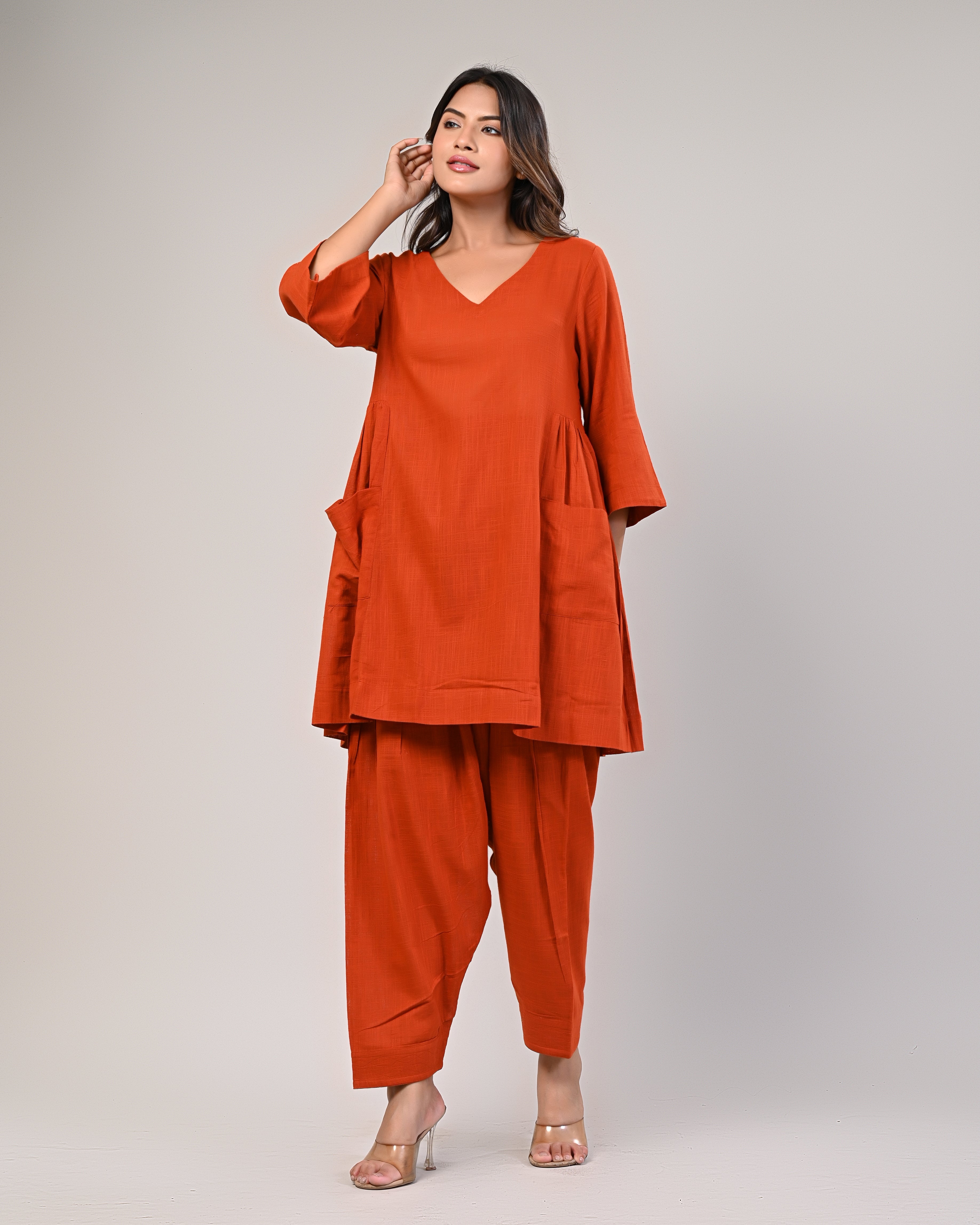 Orange V-neck Pleated Kurta With Afghani Pants