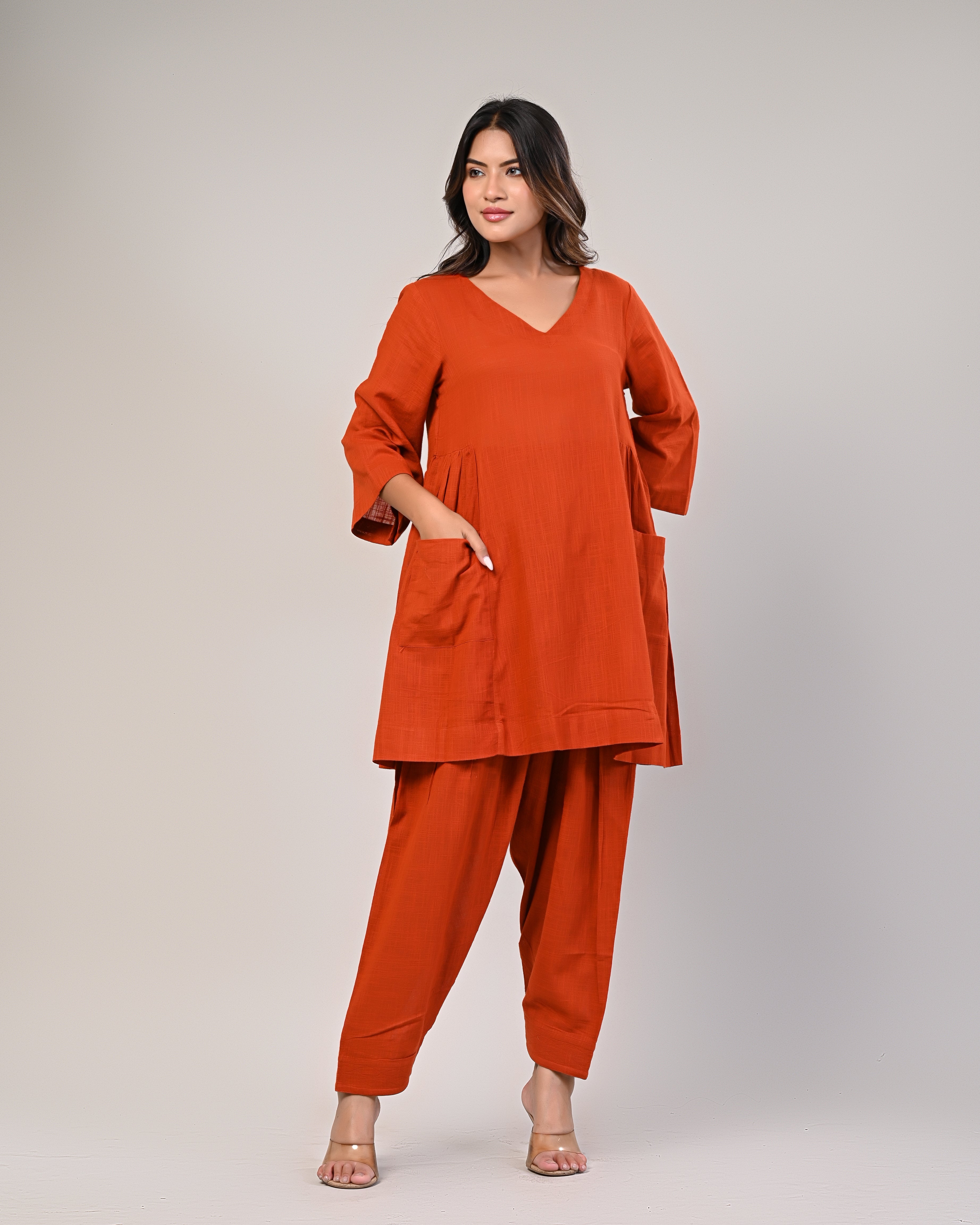 Orange V-neck Pleated Kurta With Afghani Pants
