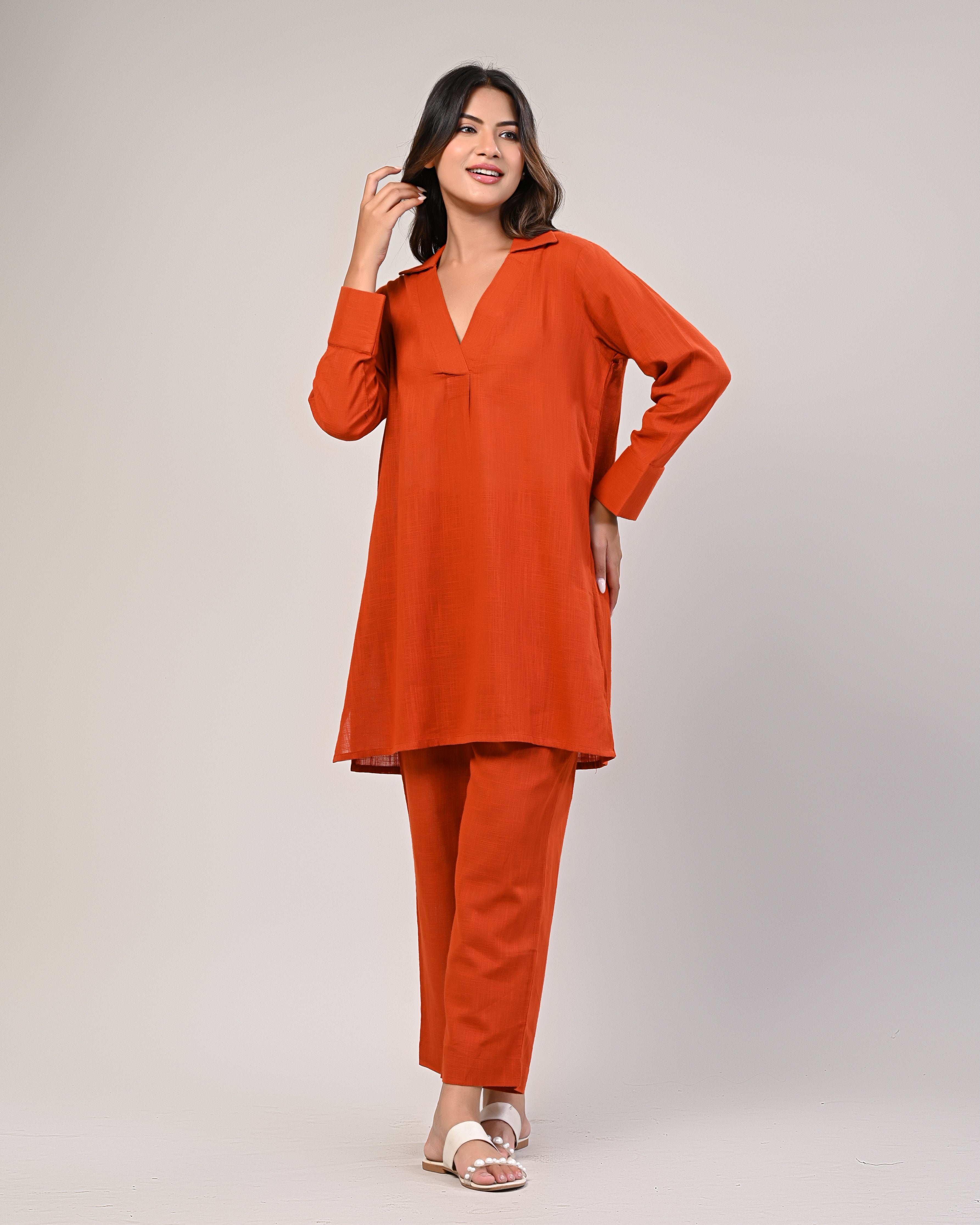 Orange V-neck Pleated Kurta With Afghani Pants