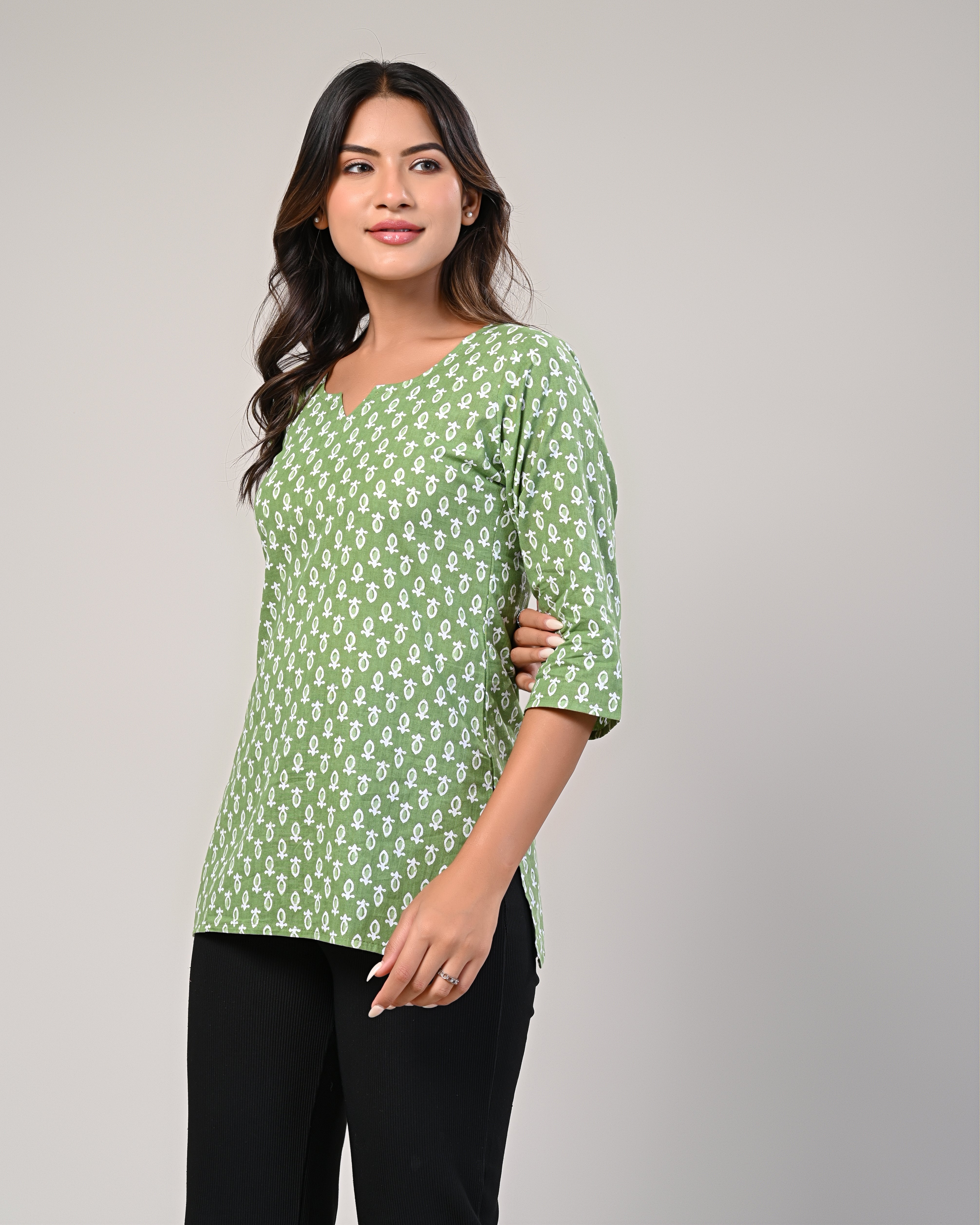 Floral Printed Green Kurti