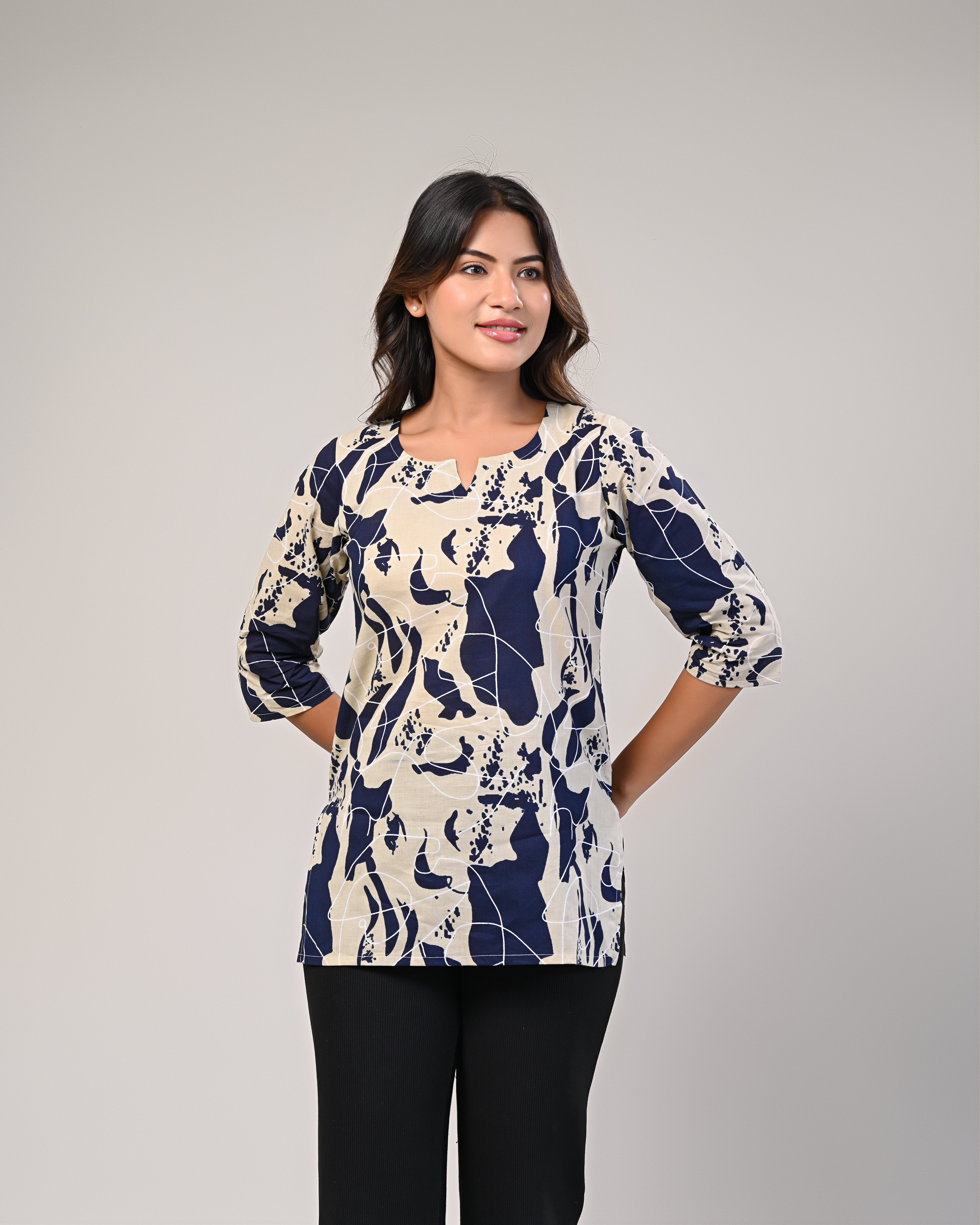 Women’s Navy Blue & Beige Printed Kurti