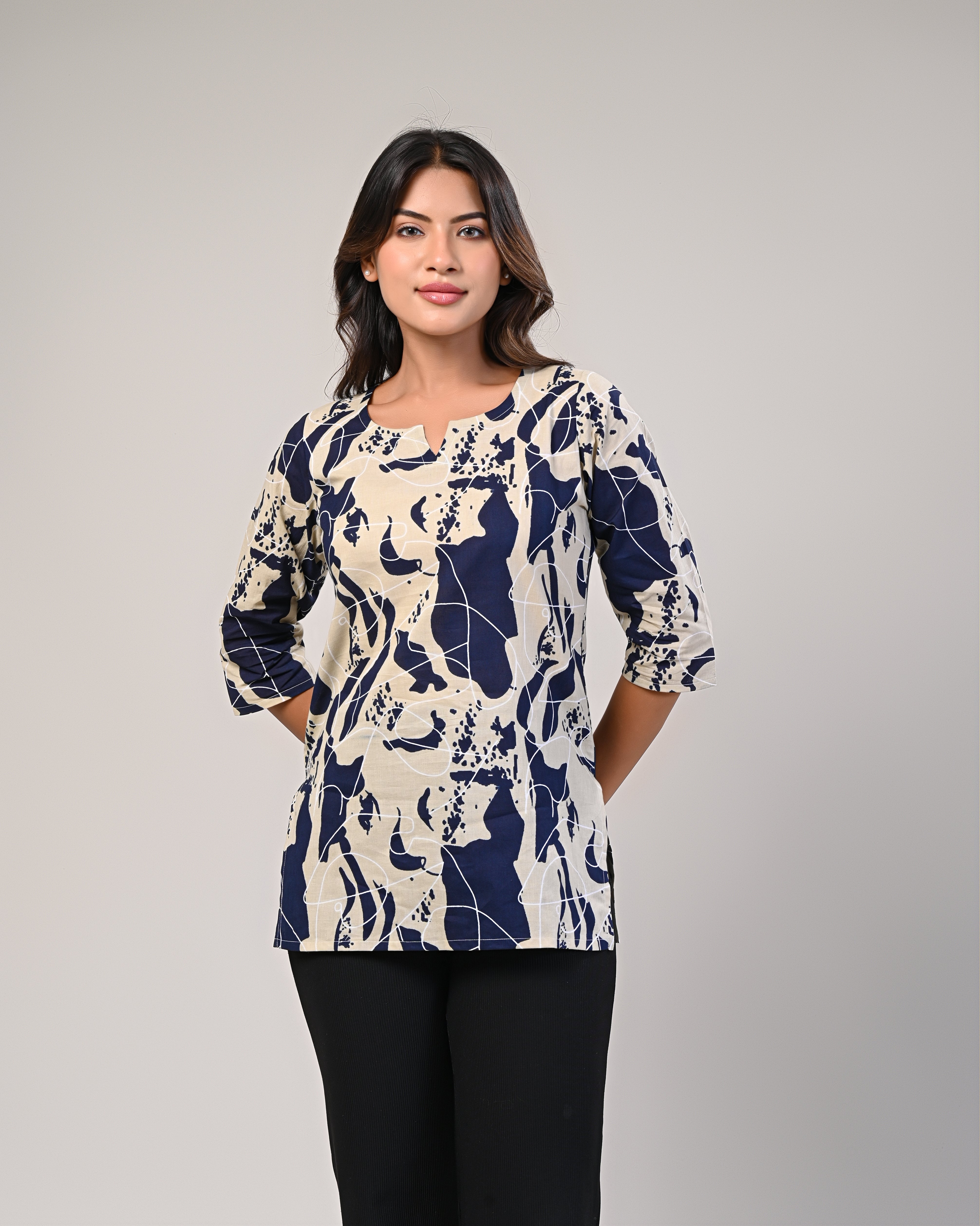 Women’s Navy Blue & Beige Printed Kurti