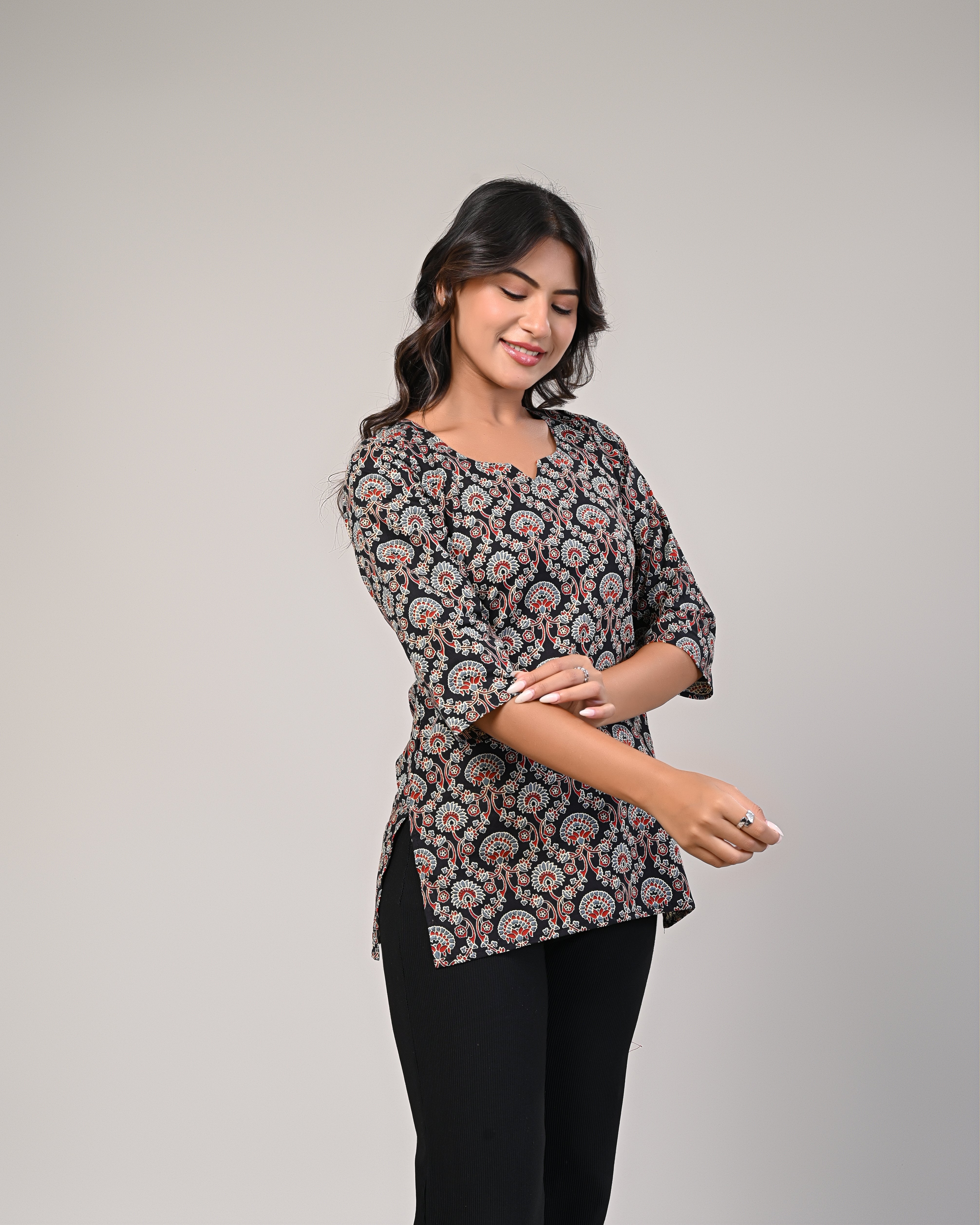 Black Printed Straight Kurti