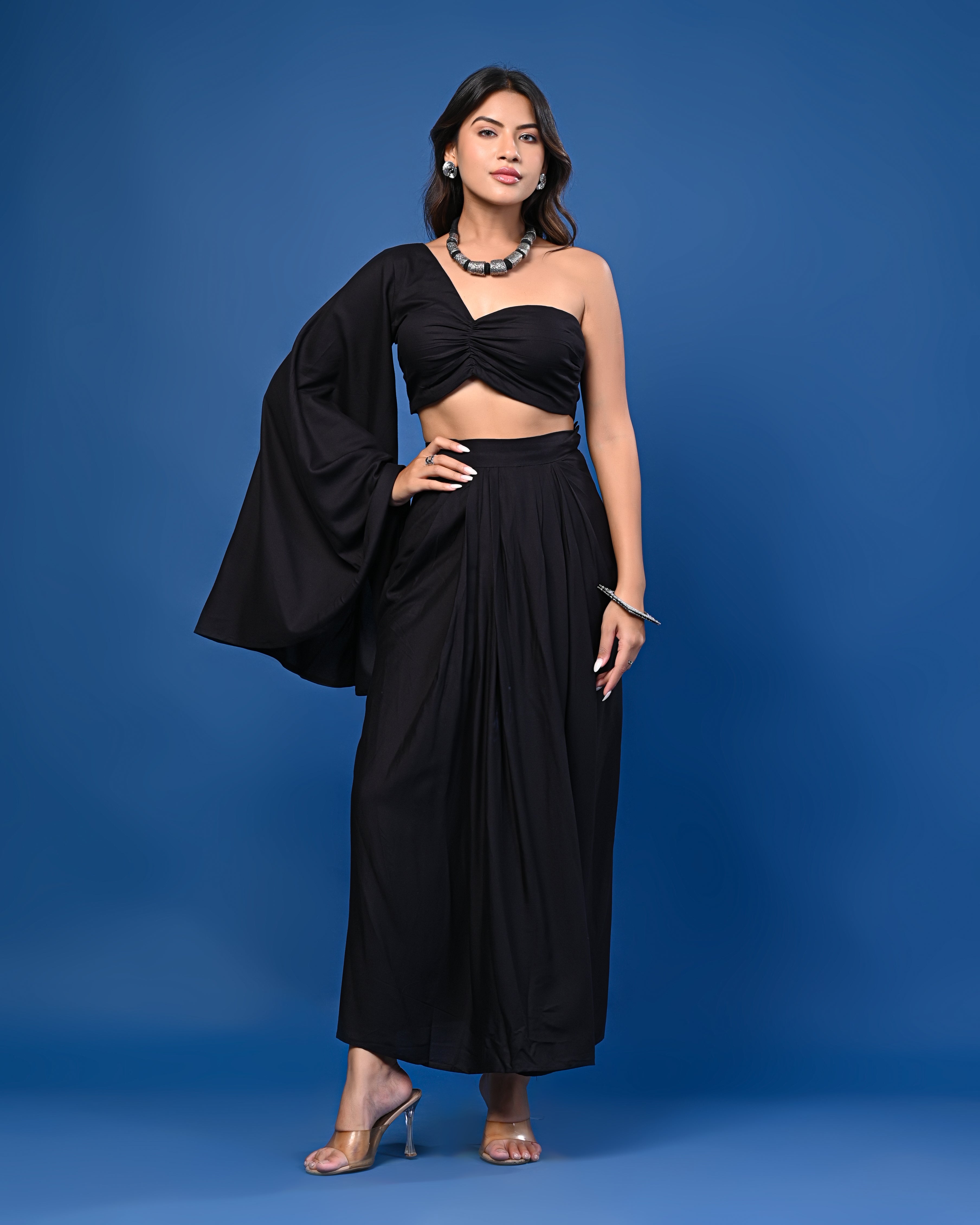 Black One-Shoulder Crop Top with Pleated Black Skirt