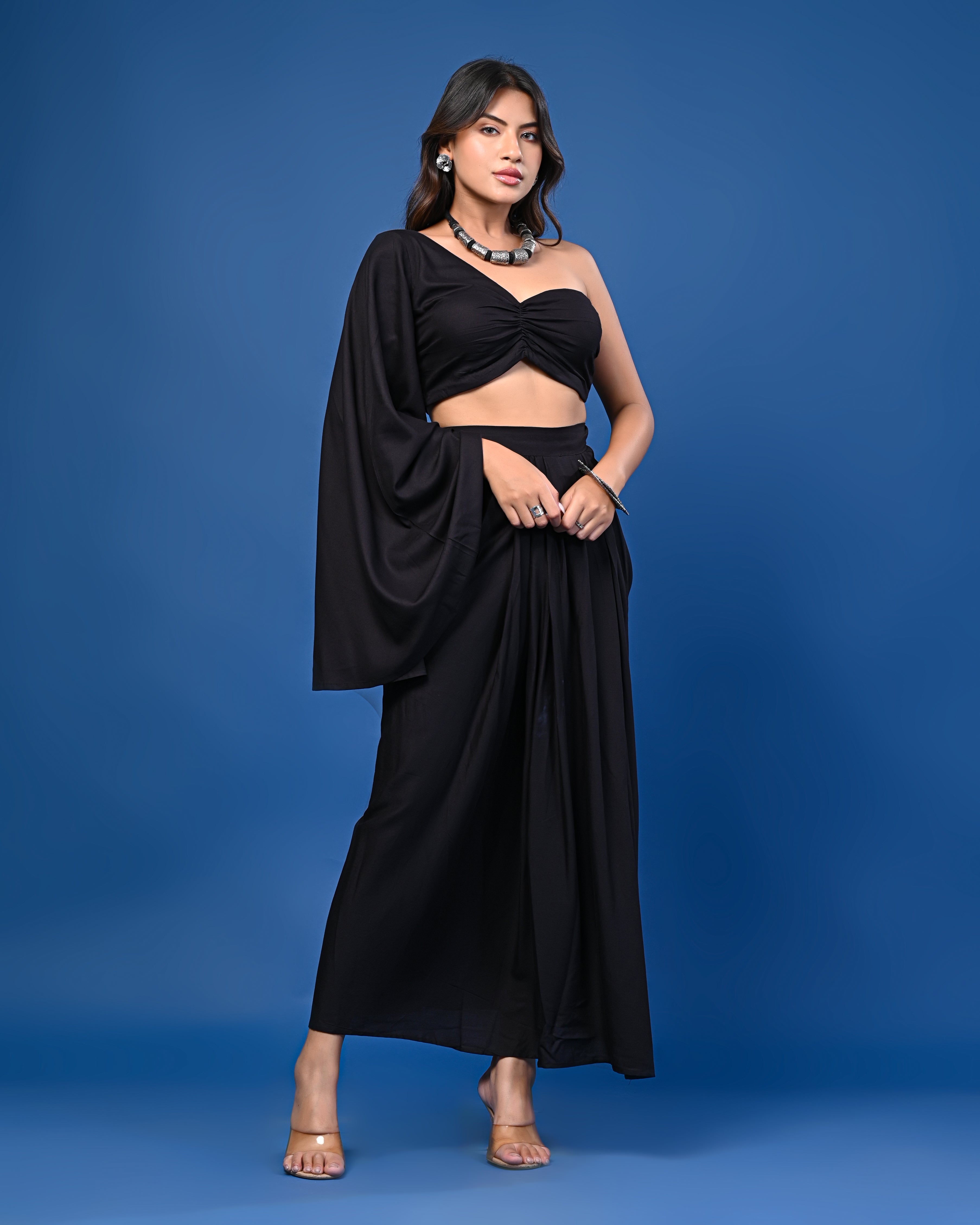 Black One-Shoulder Crop Top with Pleated Black Skirt