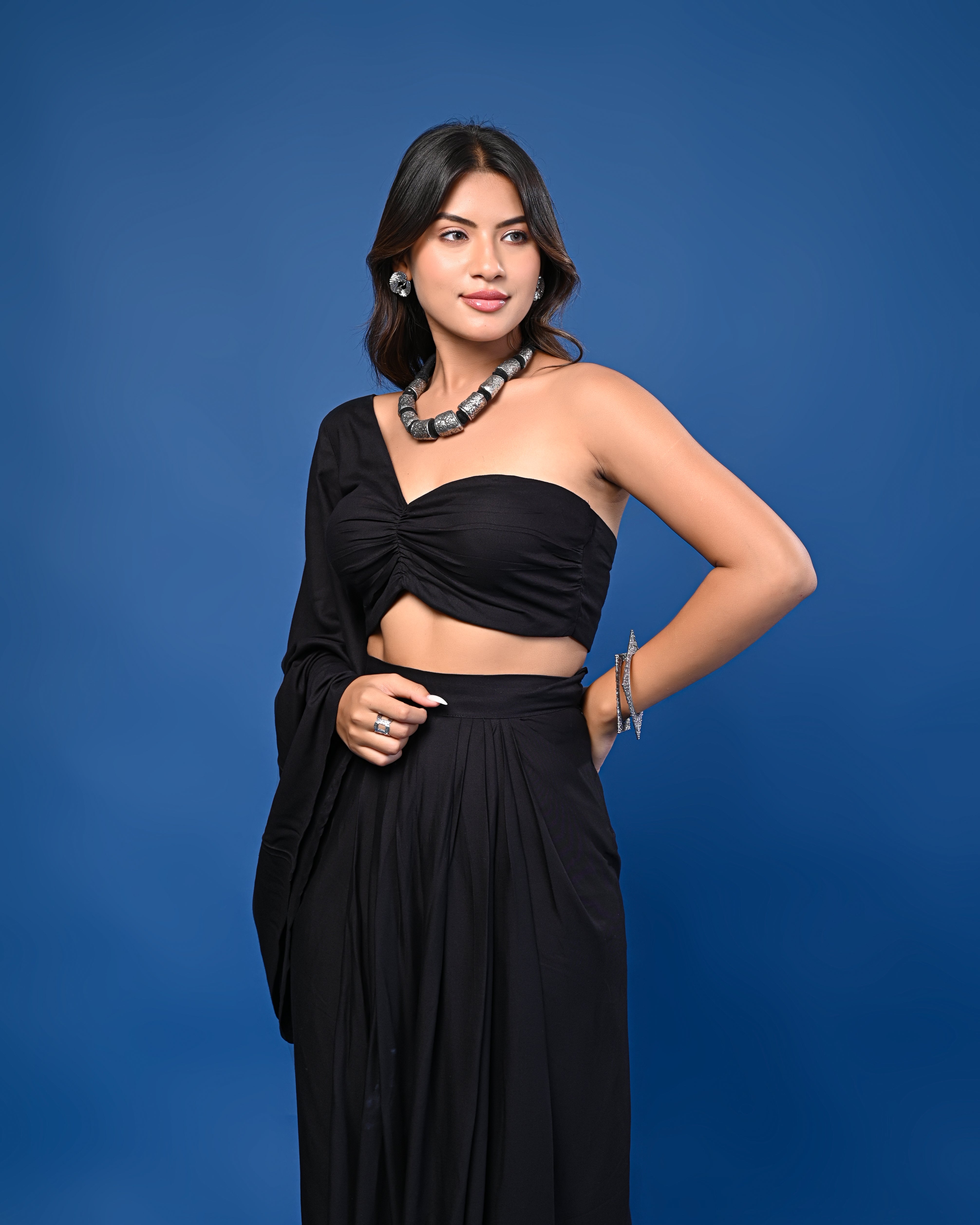 Black One-Shoulder Crop Top with Pleated Black Skirt
