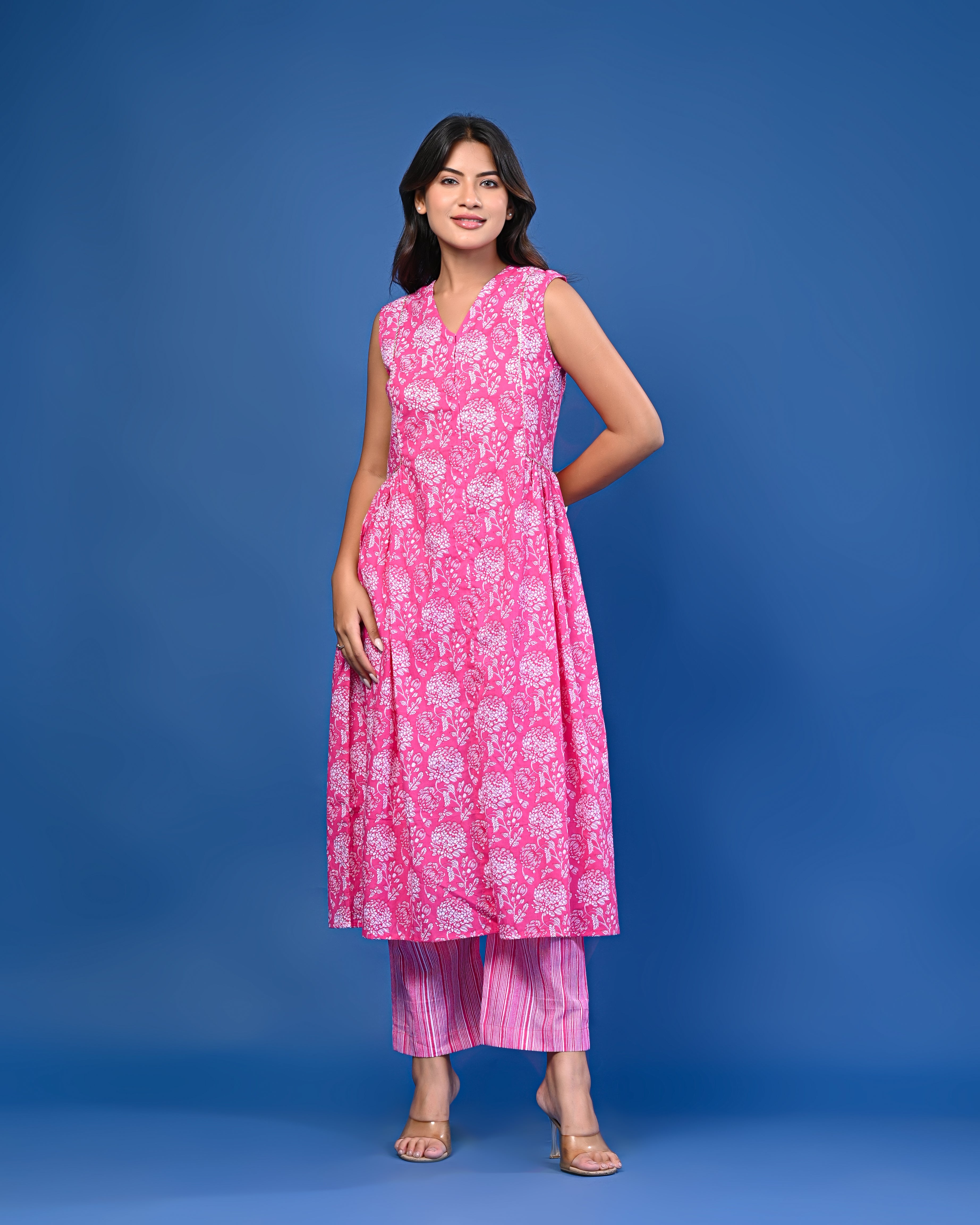 Pink Printed Sleeveless Kurta Set