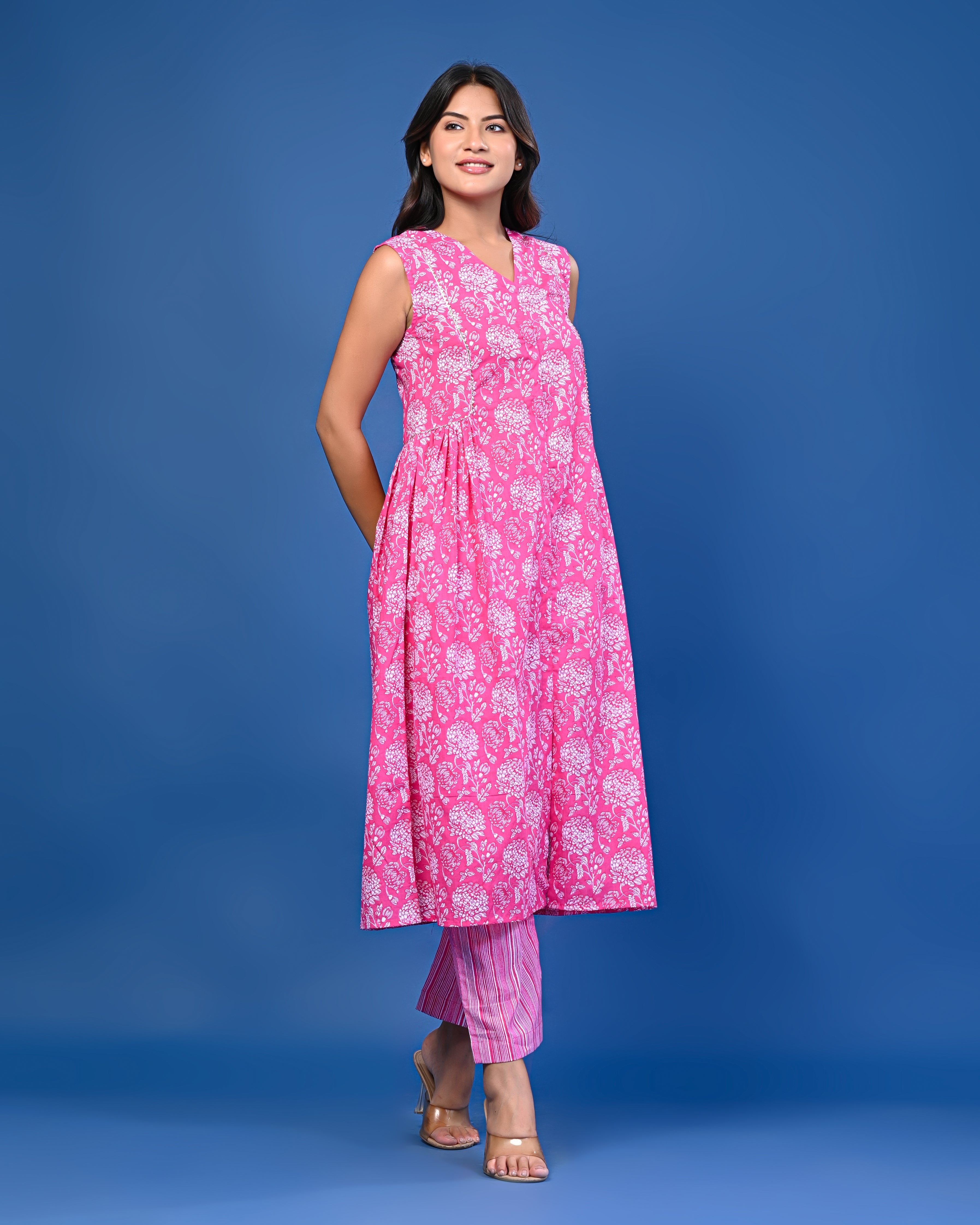 Pink Printed Sleeveless Kurta Set