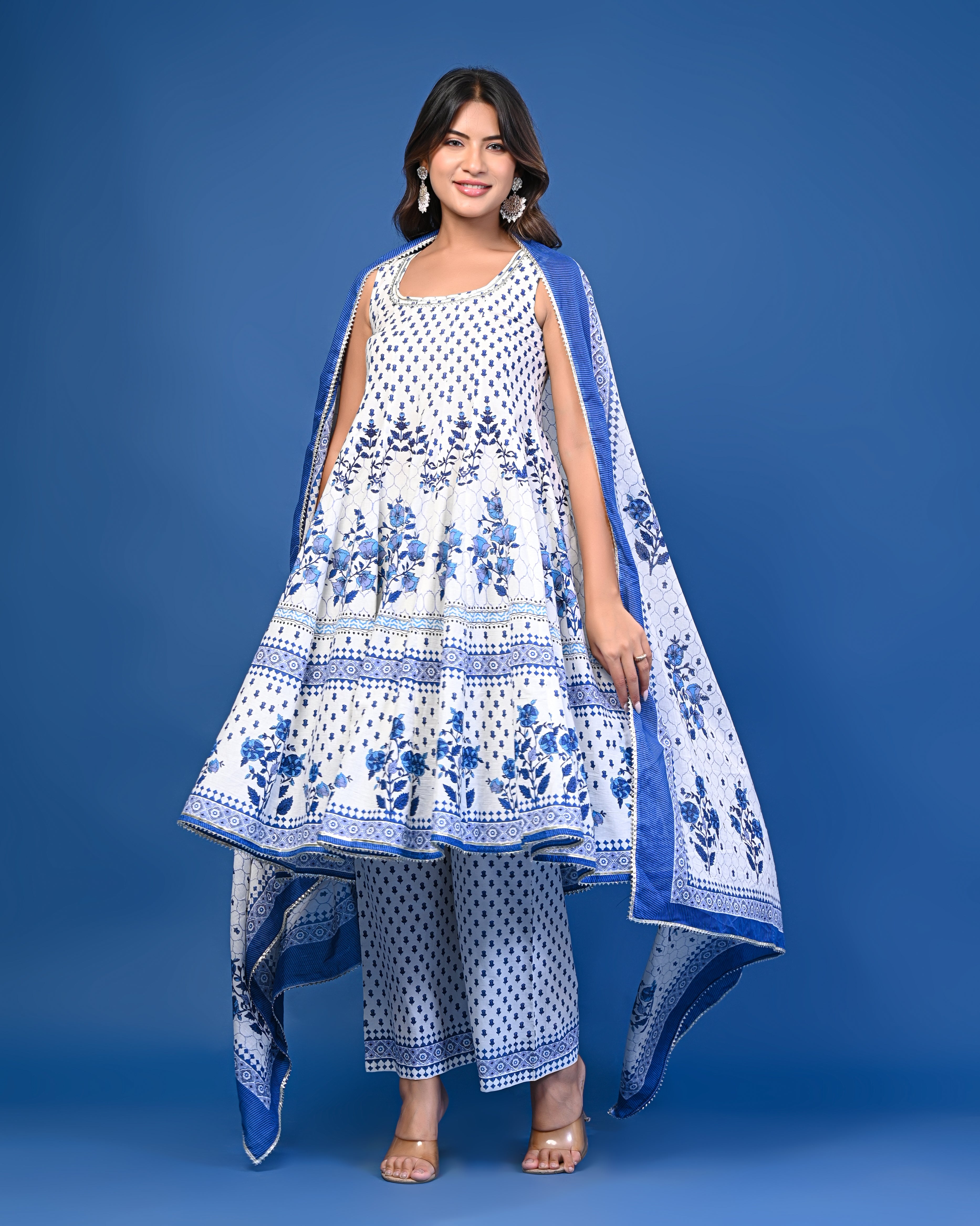 Blue & White Floral Printed 3-Piece Suit Set