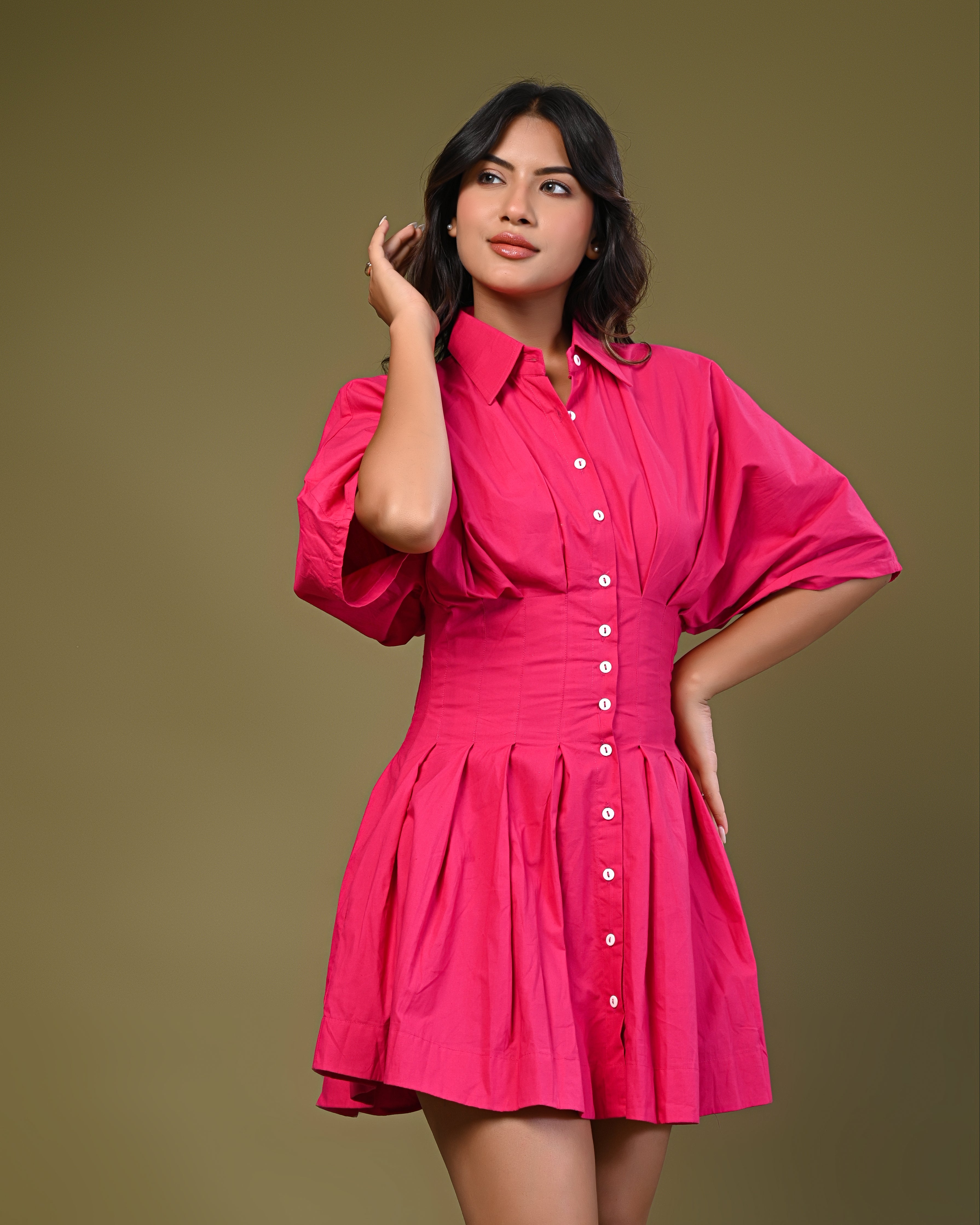 Short Buttoned A-Line Shirt Dress – Hot Pink