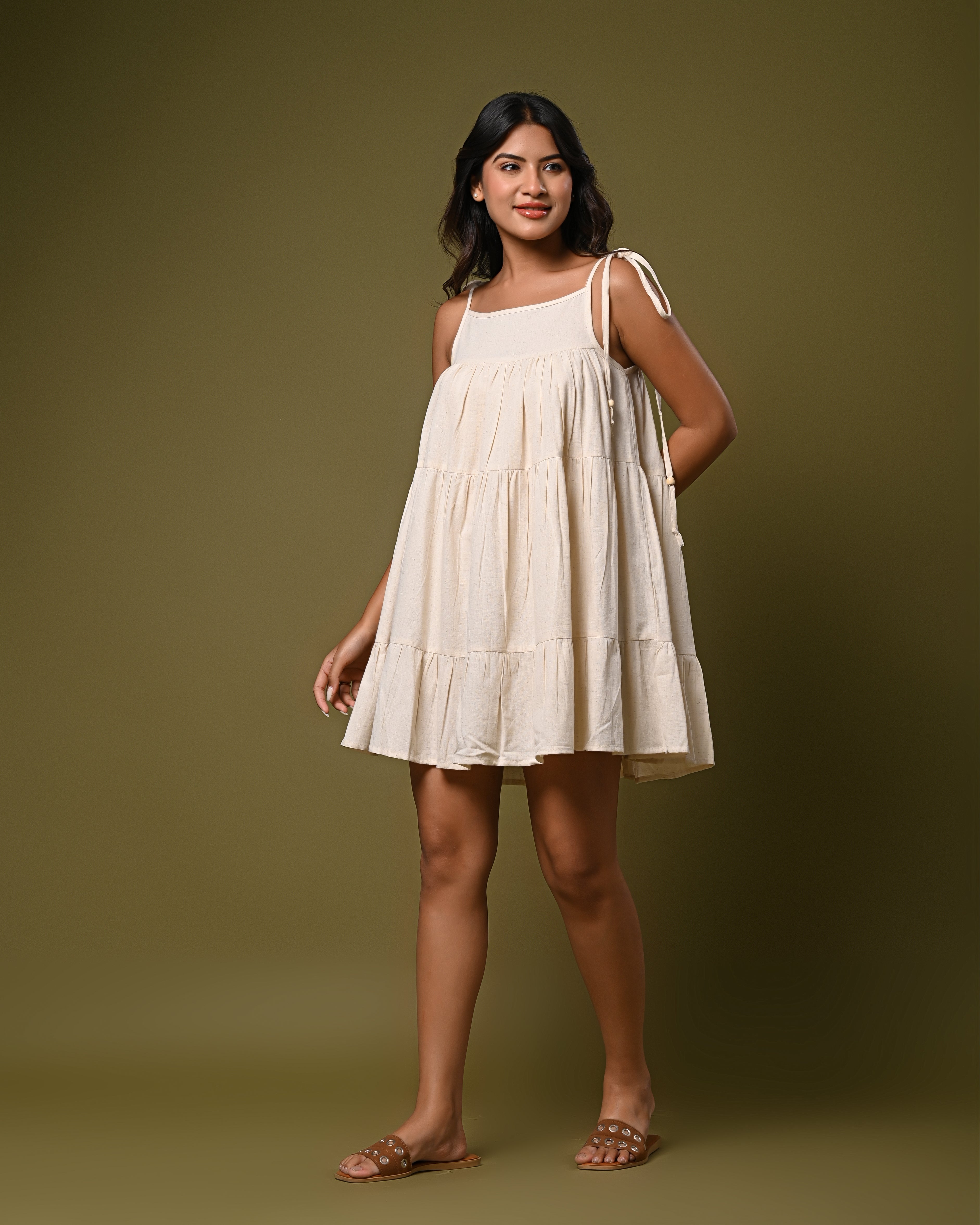 off-white Tiered Mini Dress with Tie-Up Straps