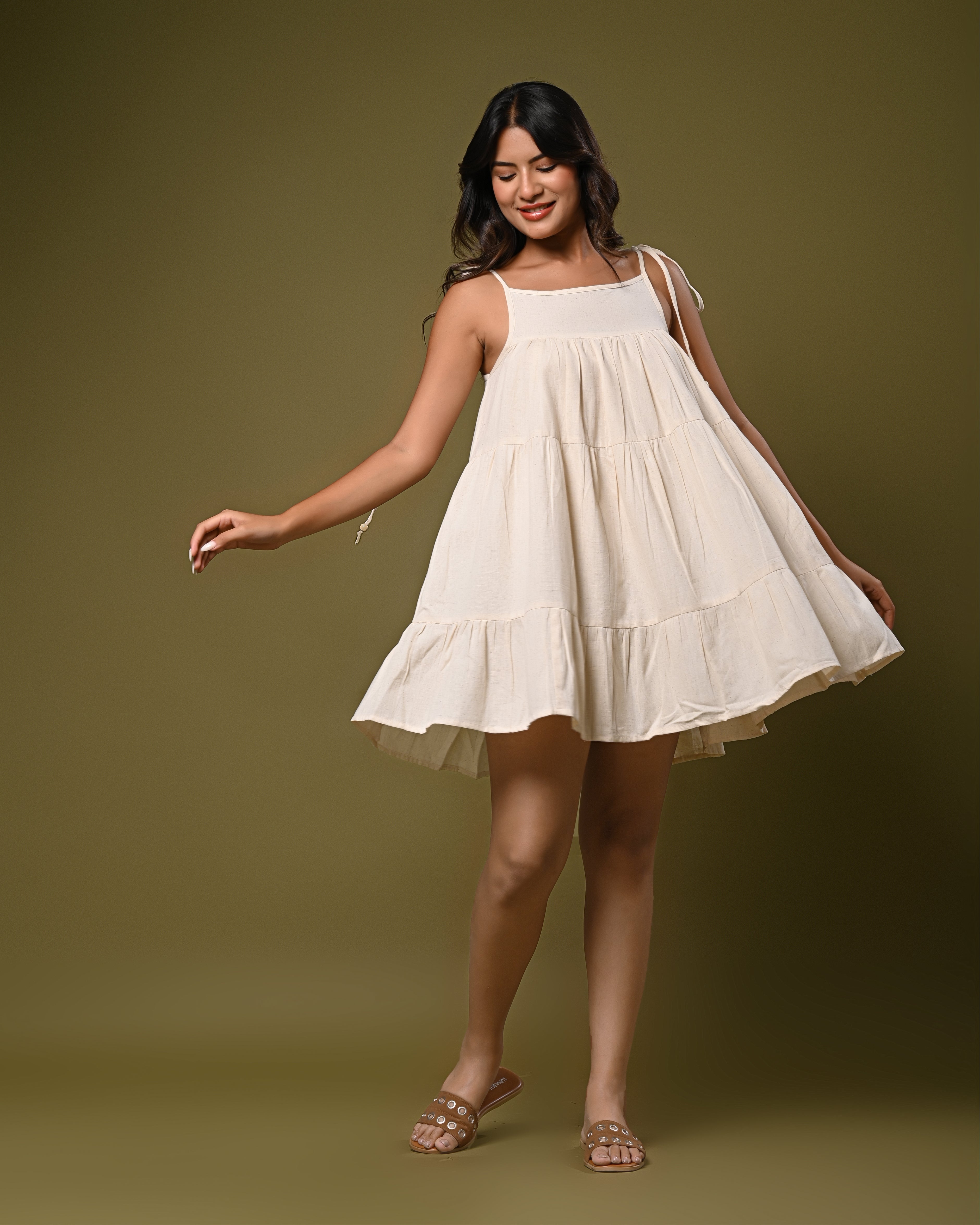 off-white Tiered Mini Dress with Tie-Up Straps