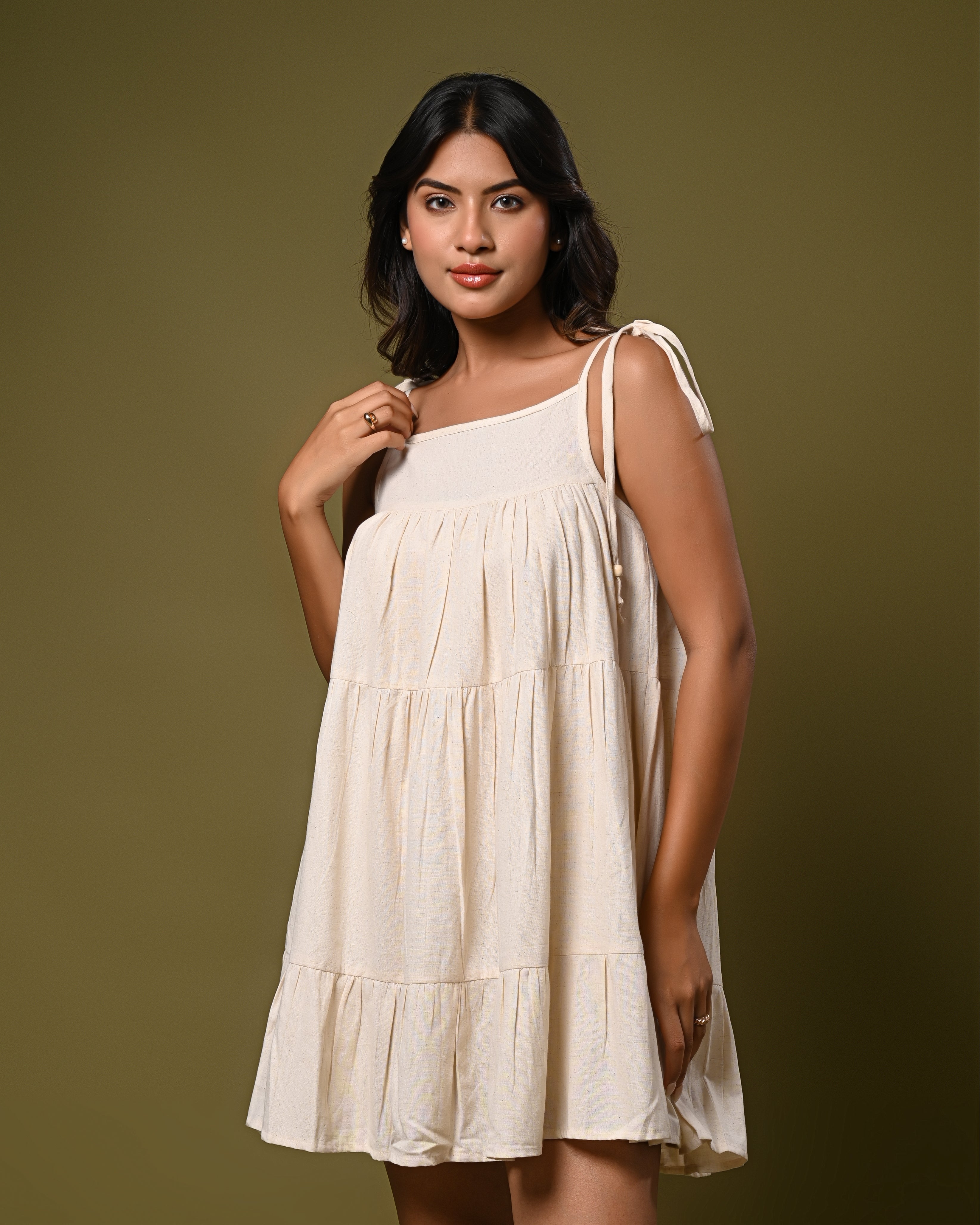 off-white Tiered Mini Dress with Tie-Up Straps