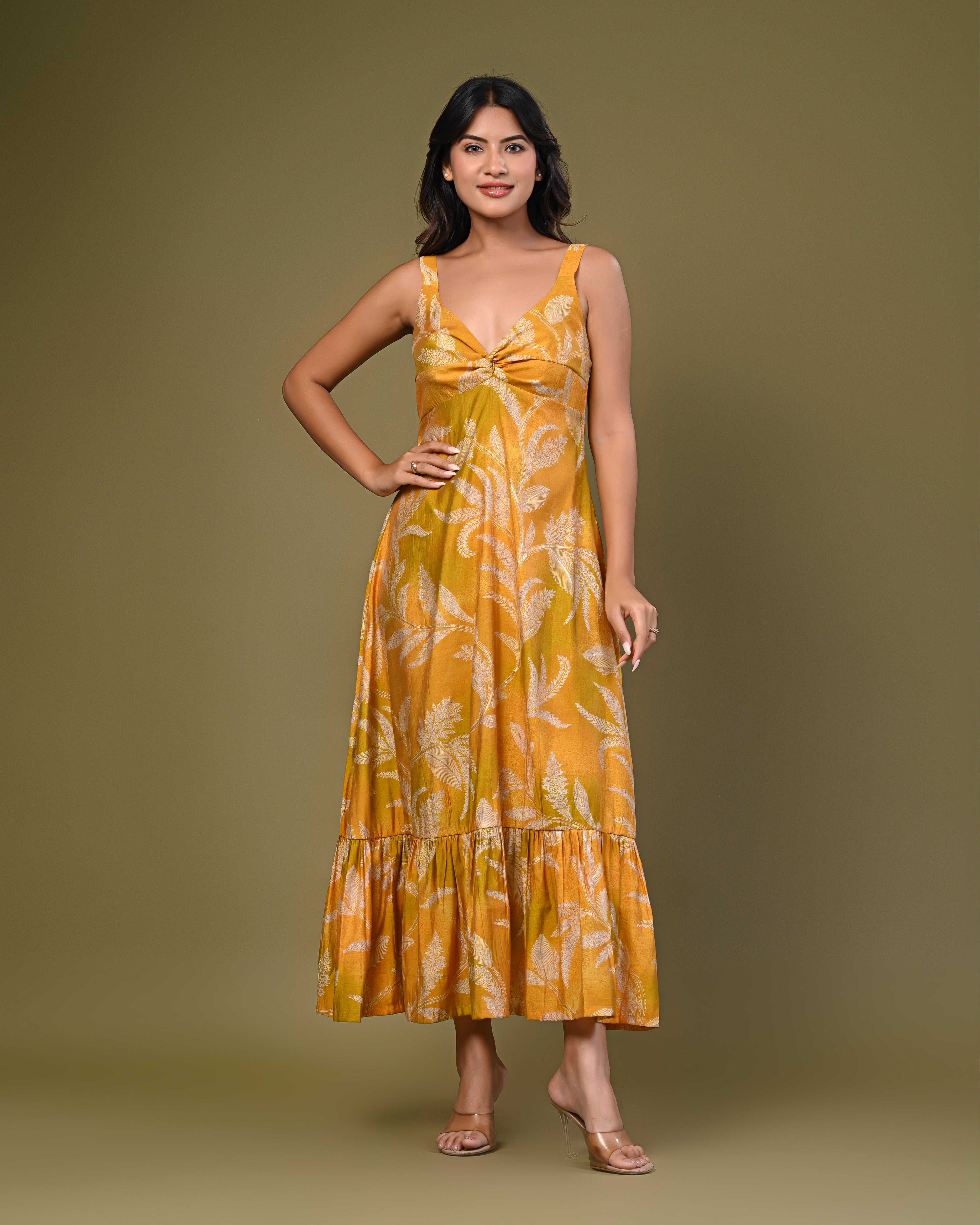 Tropical Print Tiered Midi Dress – Mustard Yellow