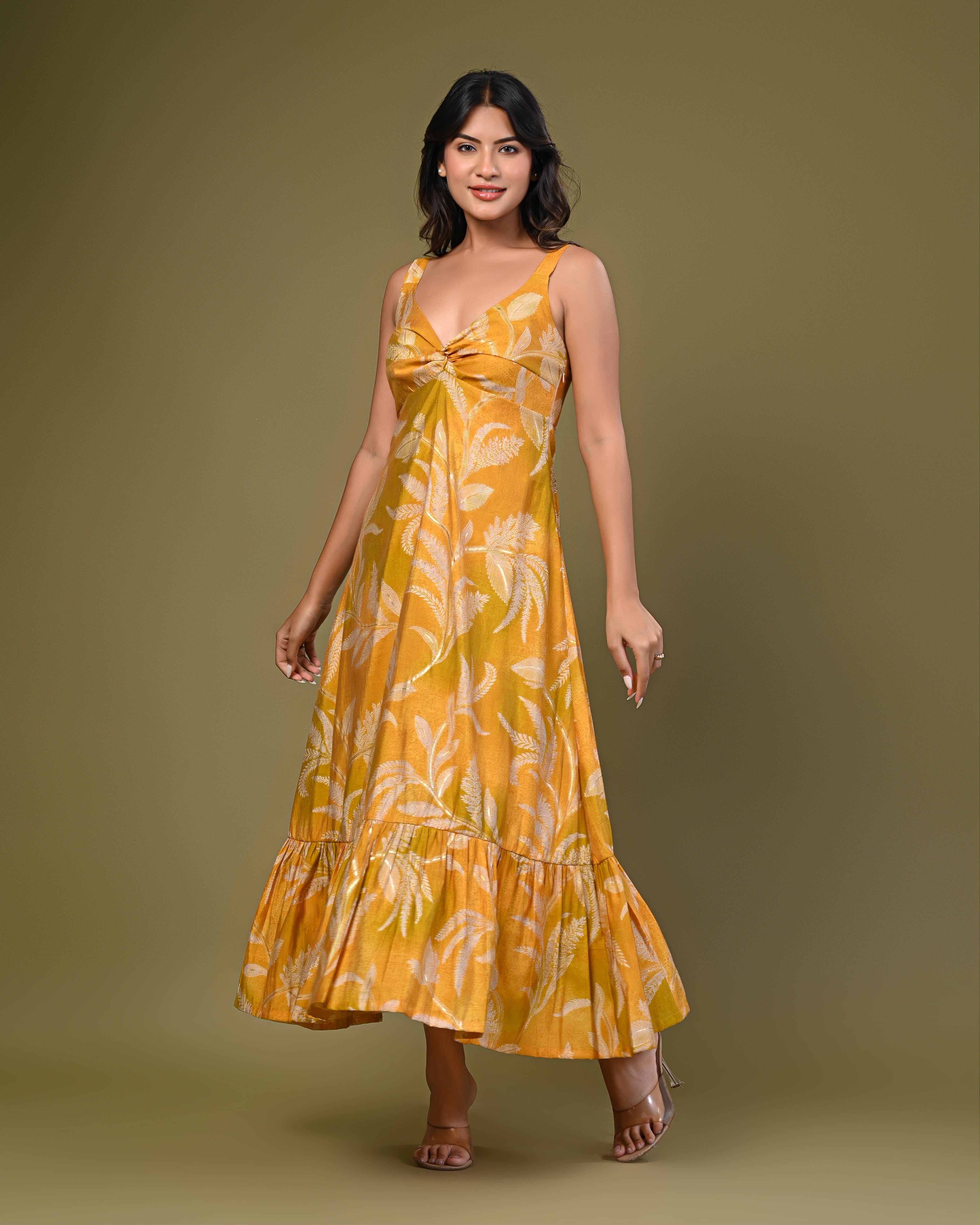 Tropical Print Tiered Midi Dress – Mustard Yellow