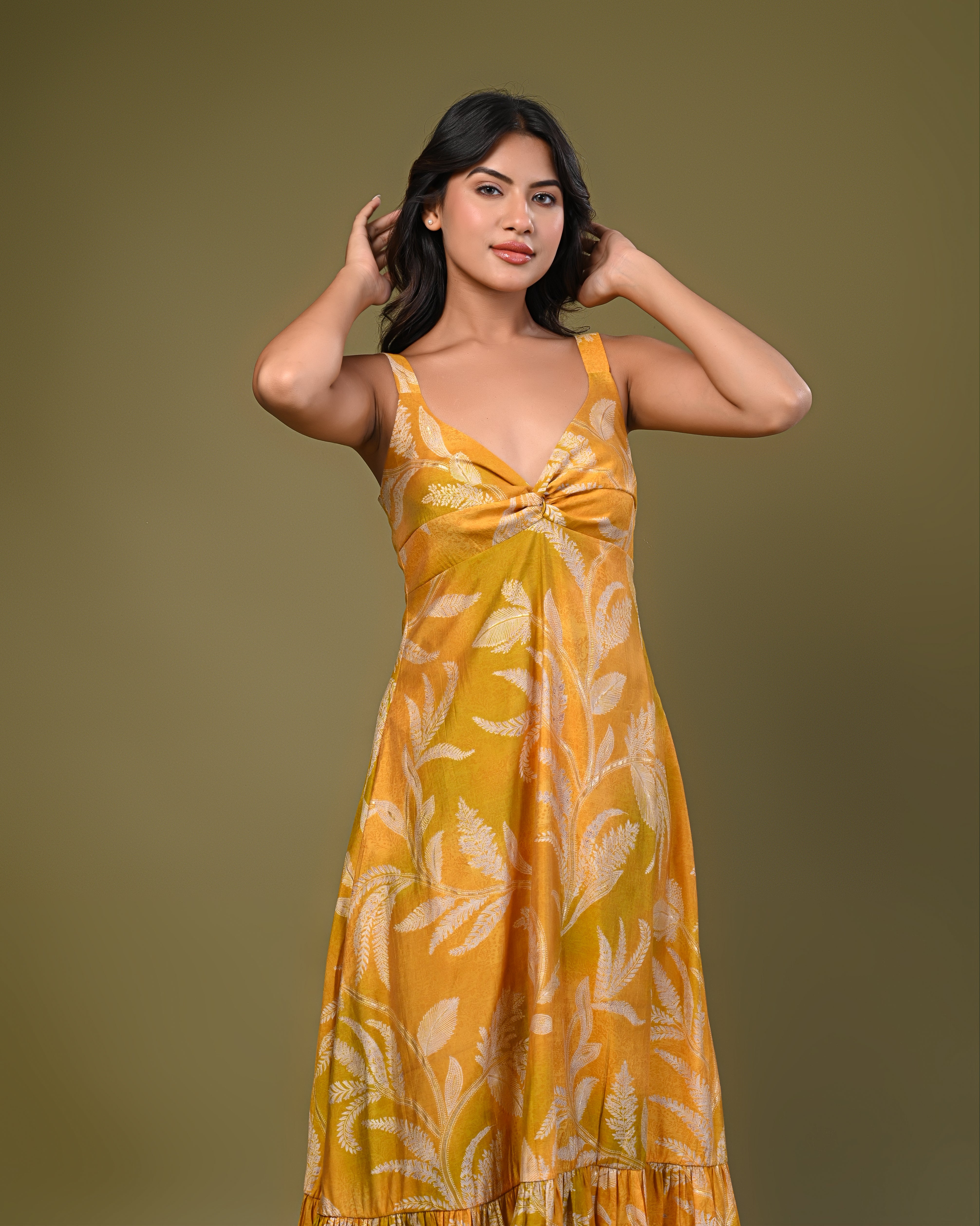 Tropical Print Tiered Midi Dress – Mustard Yellow