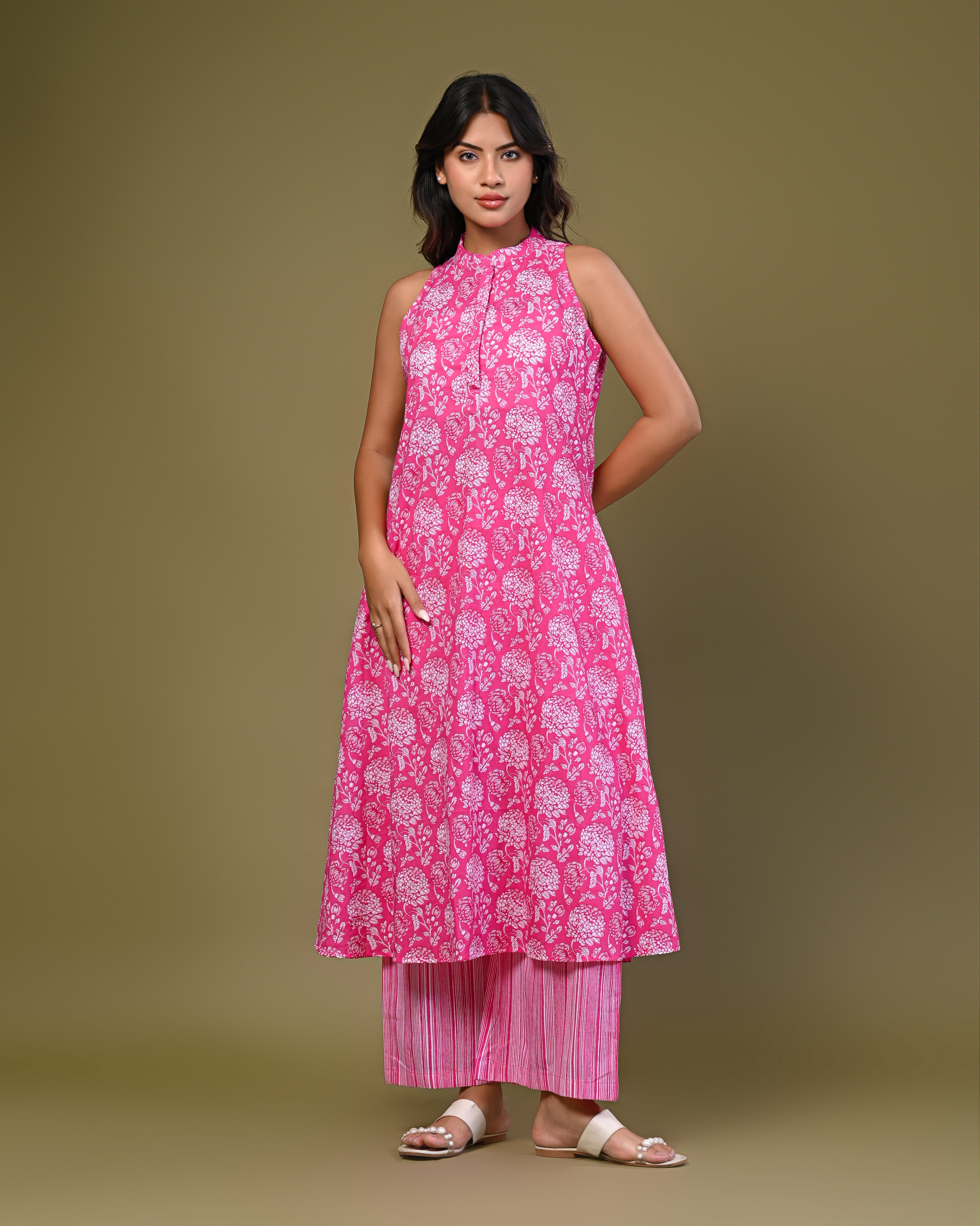 Pink Sleeveless Kurta with Printed Palazzo Set