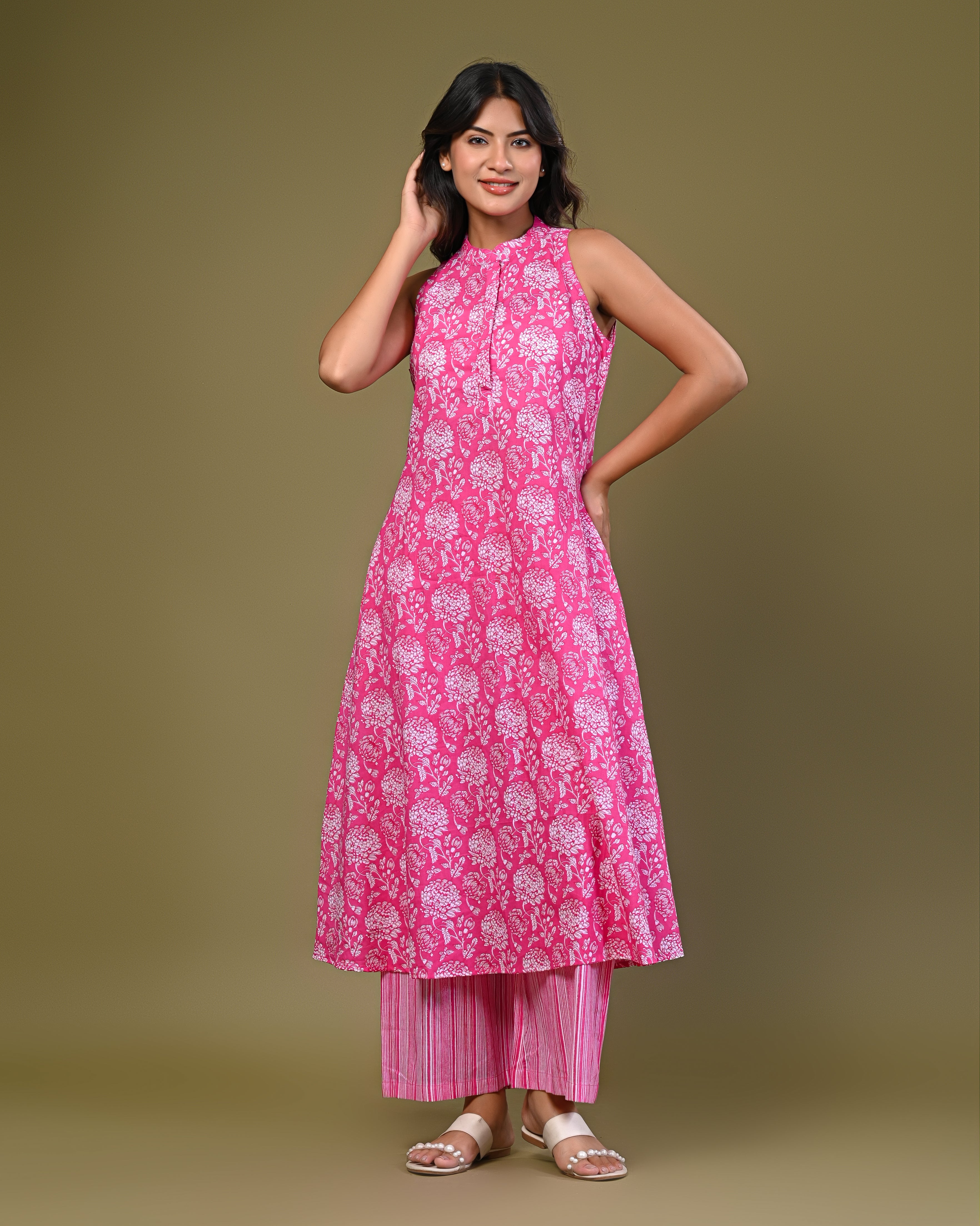 Pink Sleeveless Kurta with Printed Palazzo Set