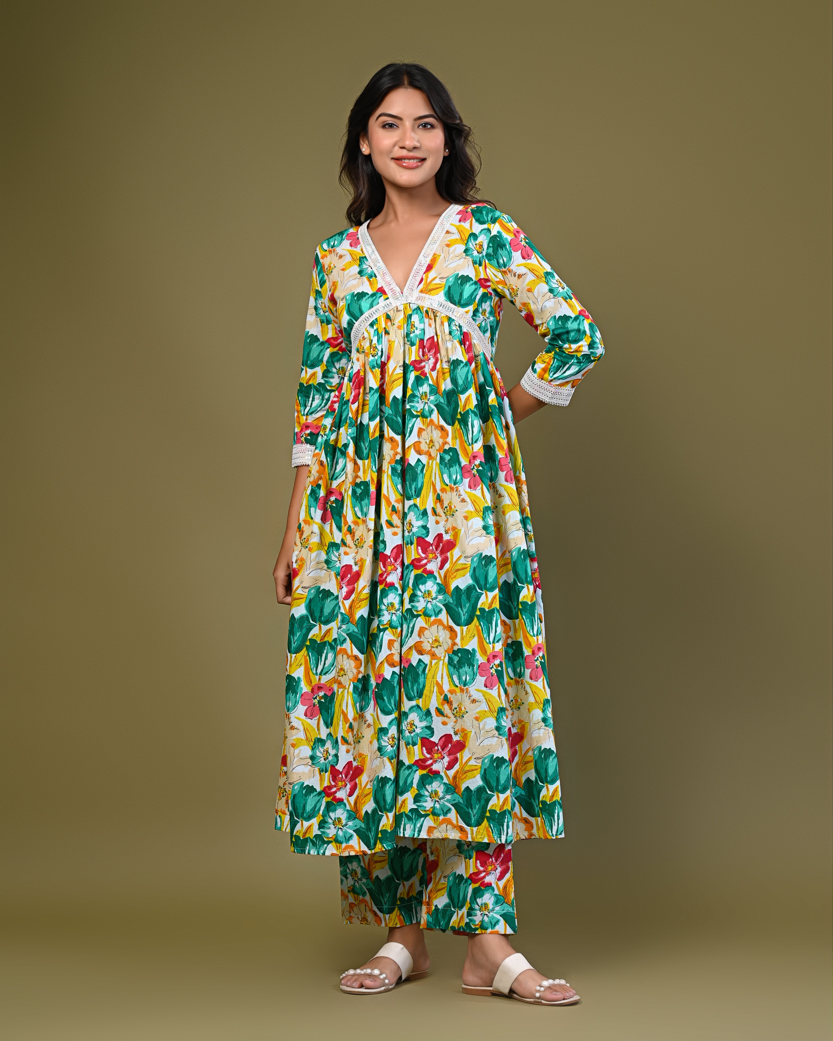 Women's Floral Printed A-Line Kurta Set with Lace Detailing