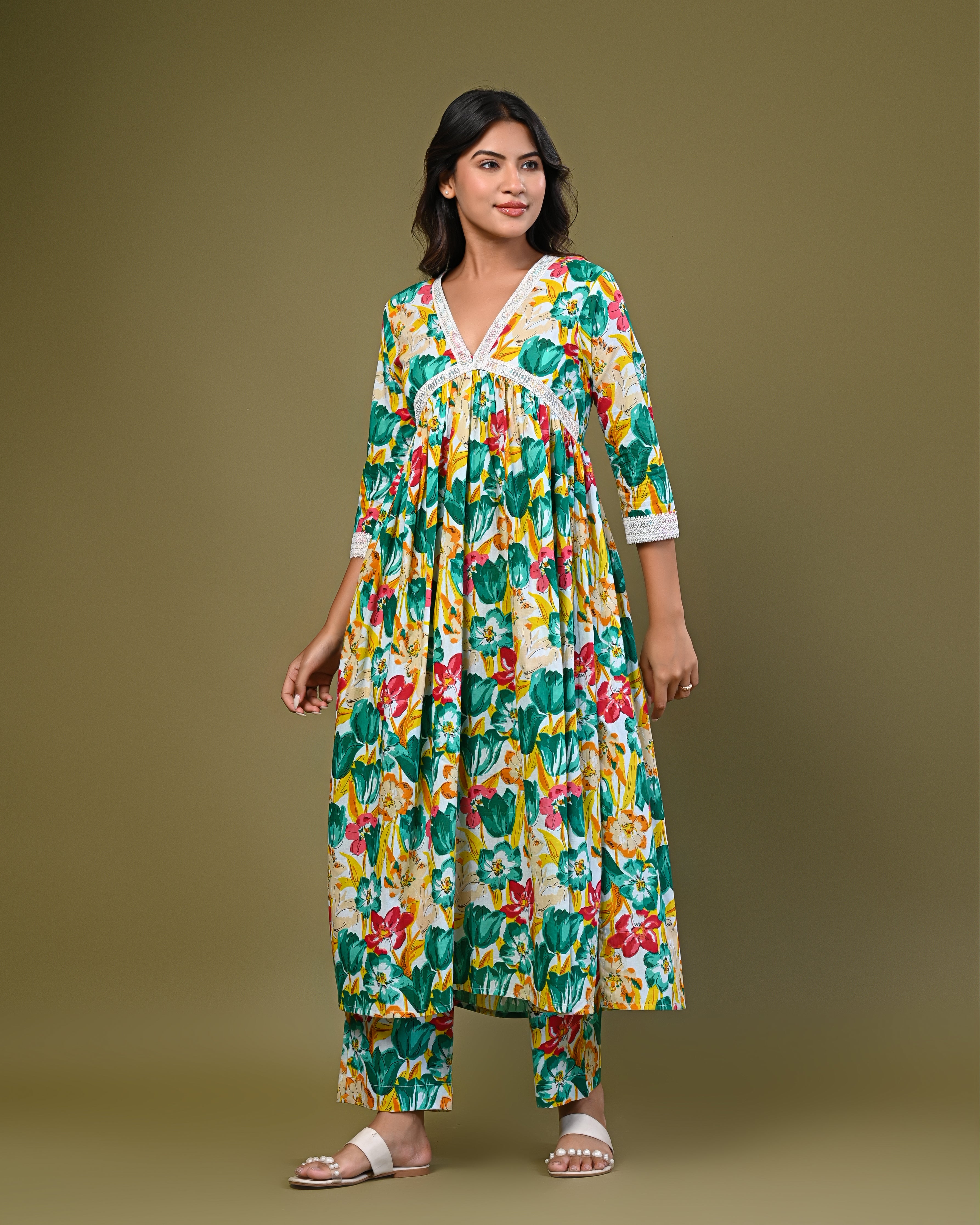 Women's Floral Printed A-Line Kurta Set with Lace Detailing