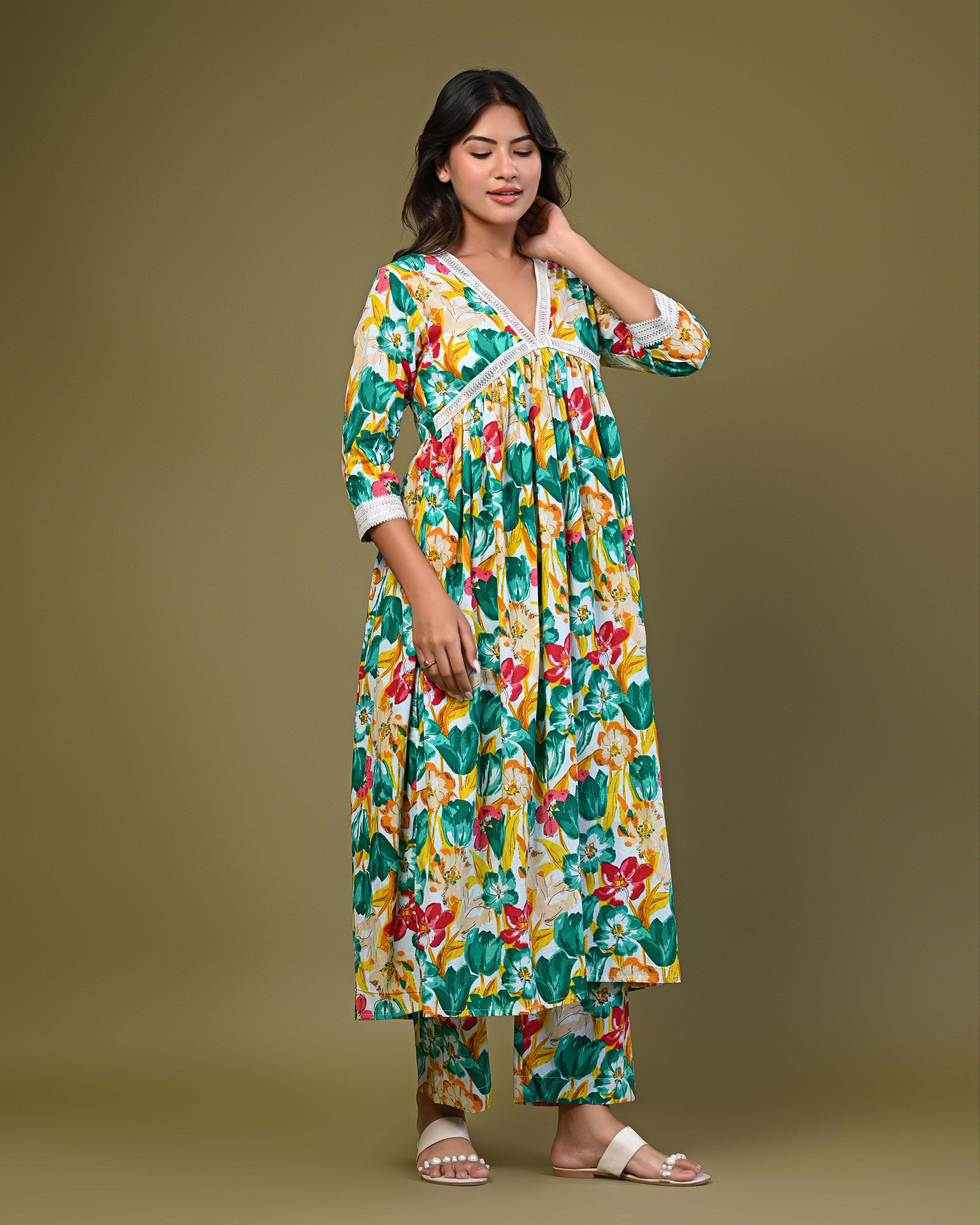 Women's Floral Printed A-Line Kurta Set with Lace Detailing