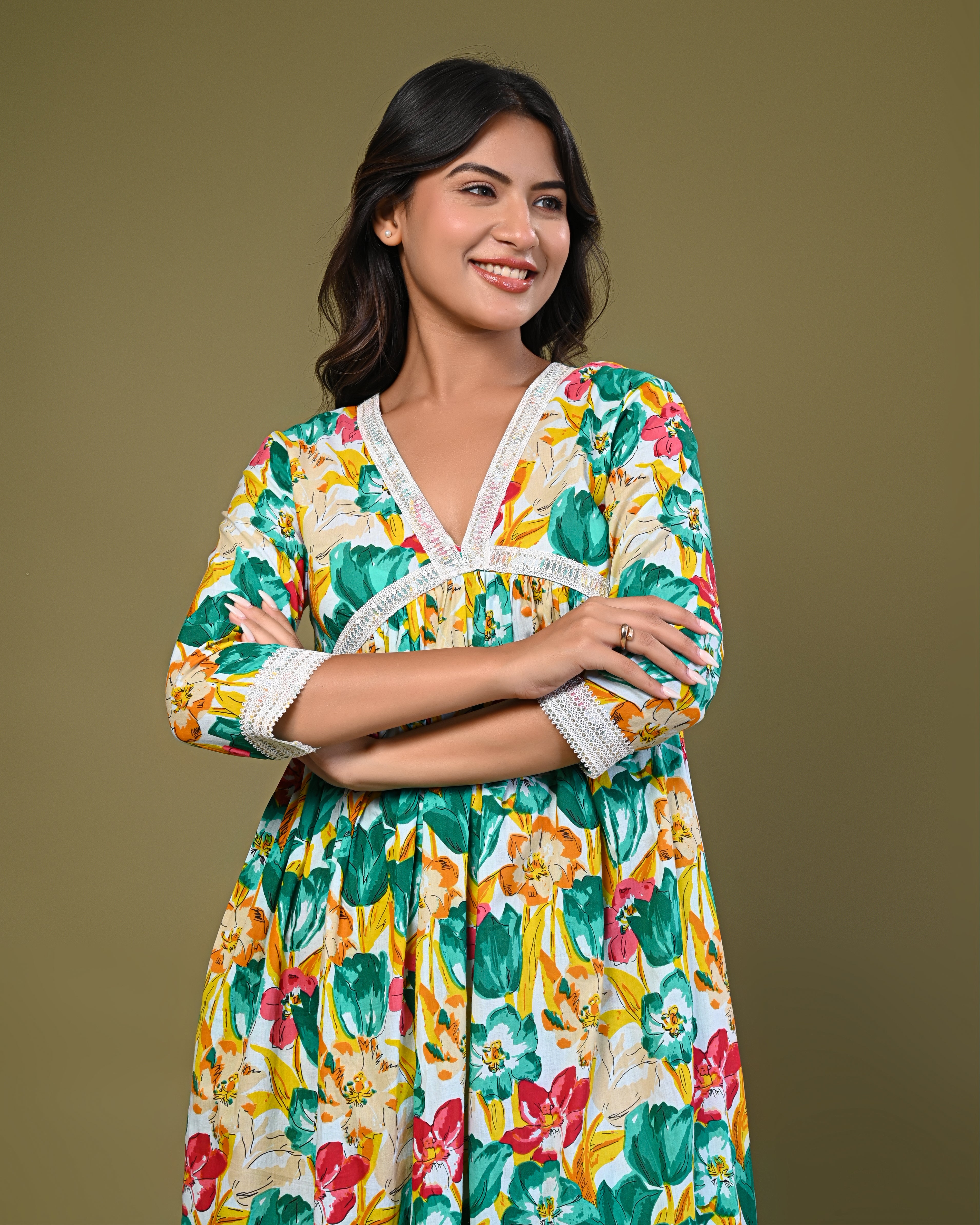 Women's Floral Printed A-Line Kurta Set with Lace Detailing