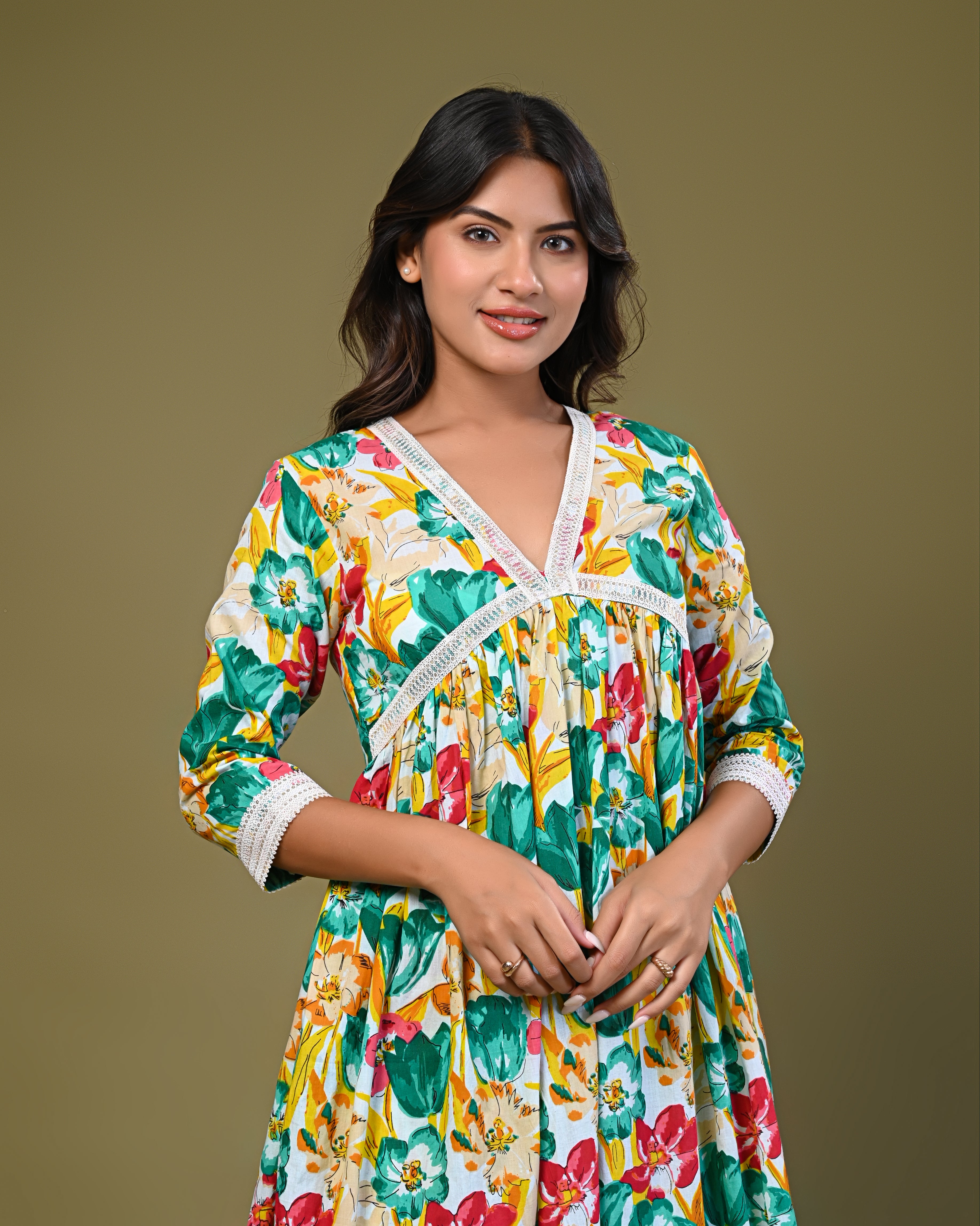Women's Floral Printed A-Line Kurta Set with Lace Detailing