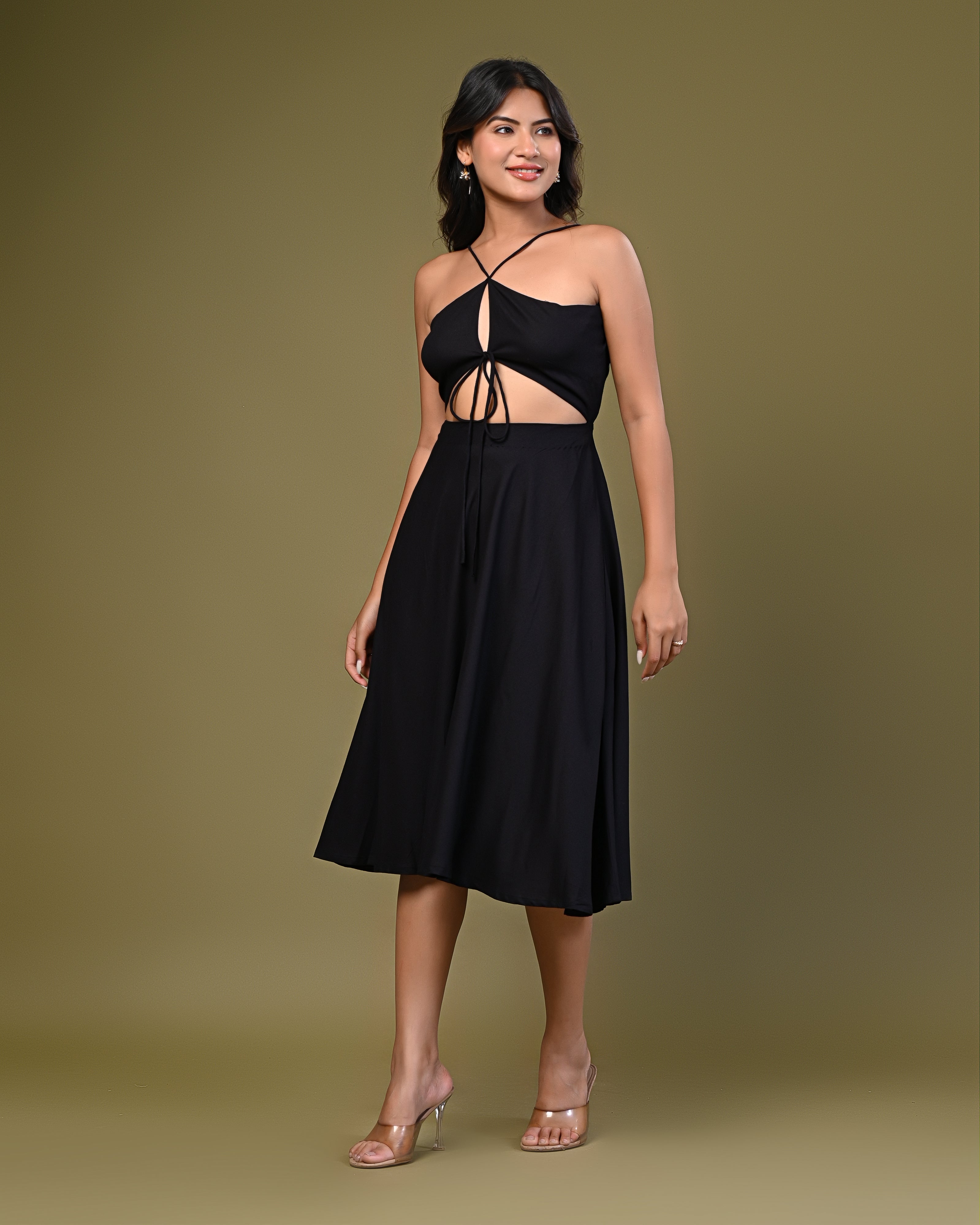 Women's Solid Black Cut-Out Midi Dress