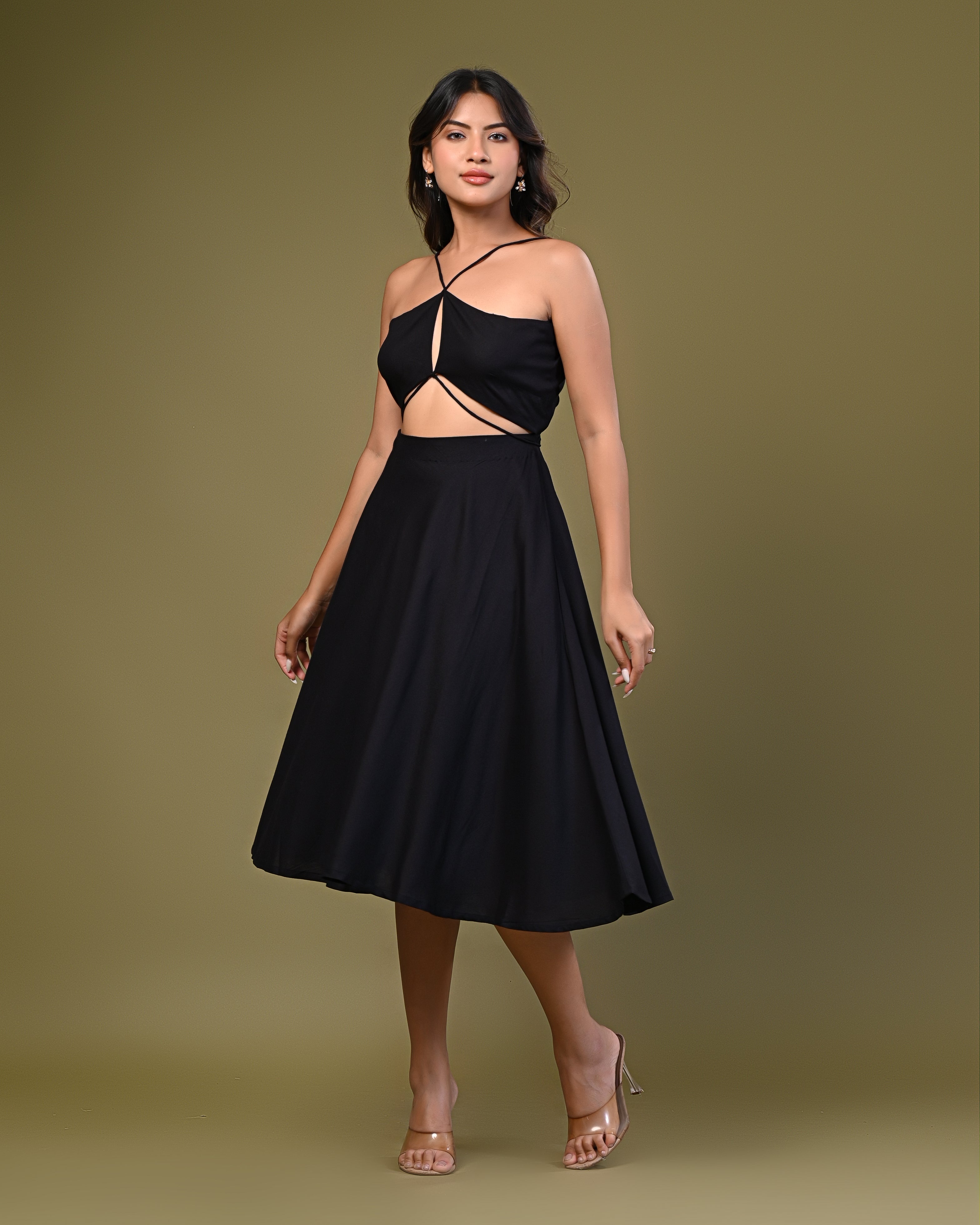 Women's Solid Black Cut-Out Midi Dress
