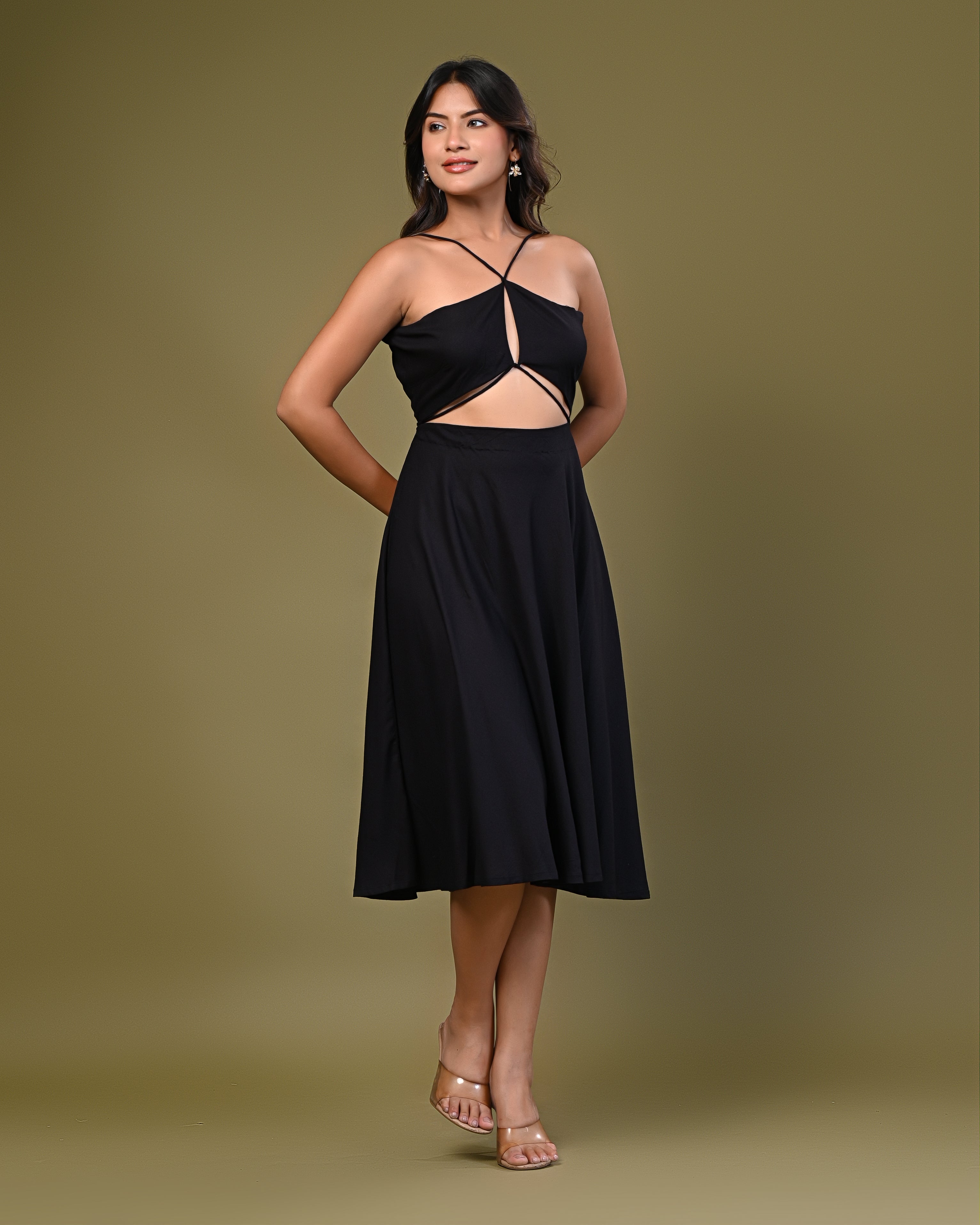 Women's Solid Black Cut-Out Midi Dress