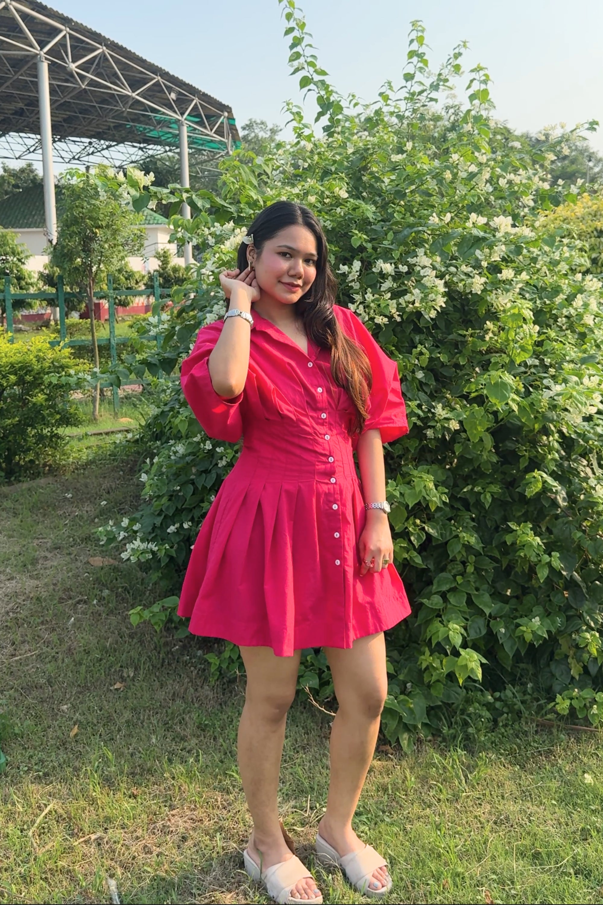 Short Buttoned A-Line Shirt Dress – Hot Pink
